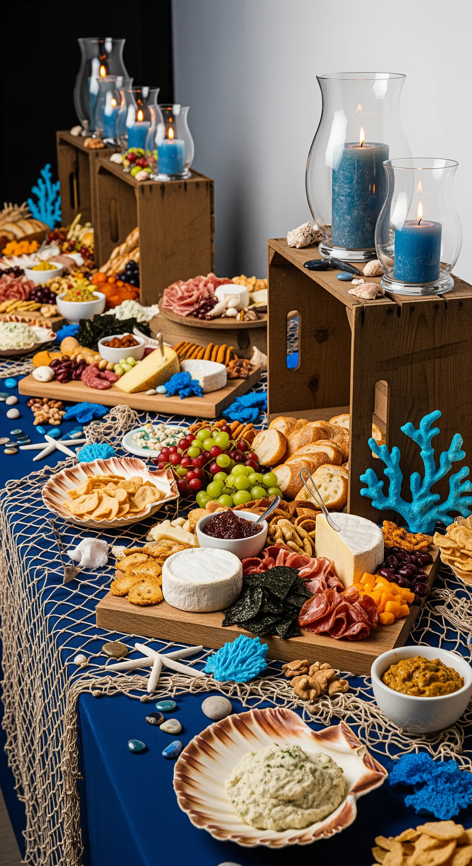 Tavolo da buffet a tema marino con rete, coralli, formaggi e candele blu