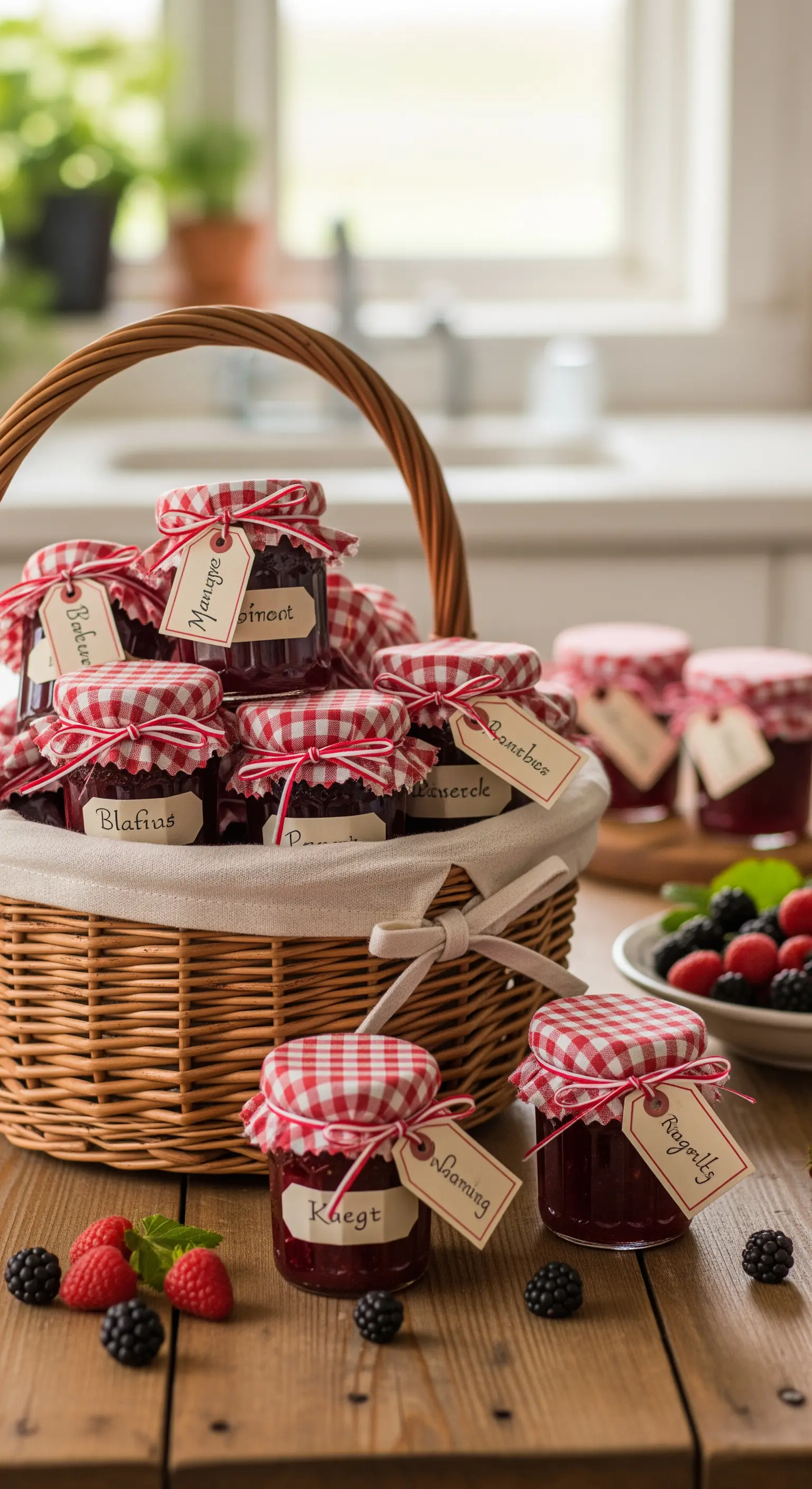 Cesto di vimini con barattoli di marmellata decorati con stoffa a quadretti.