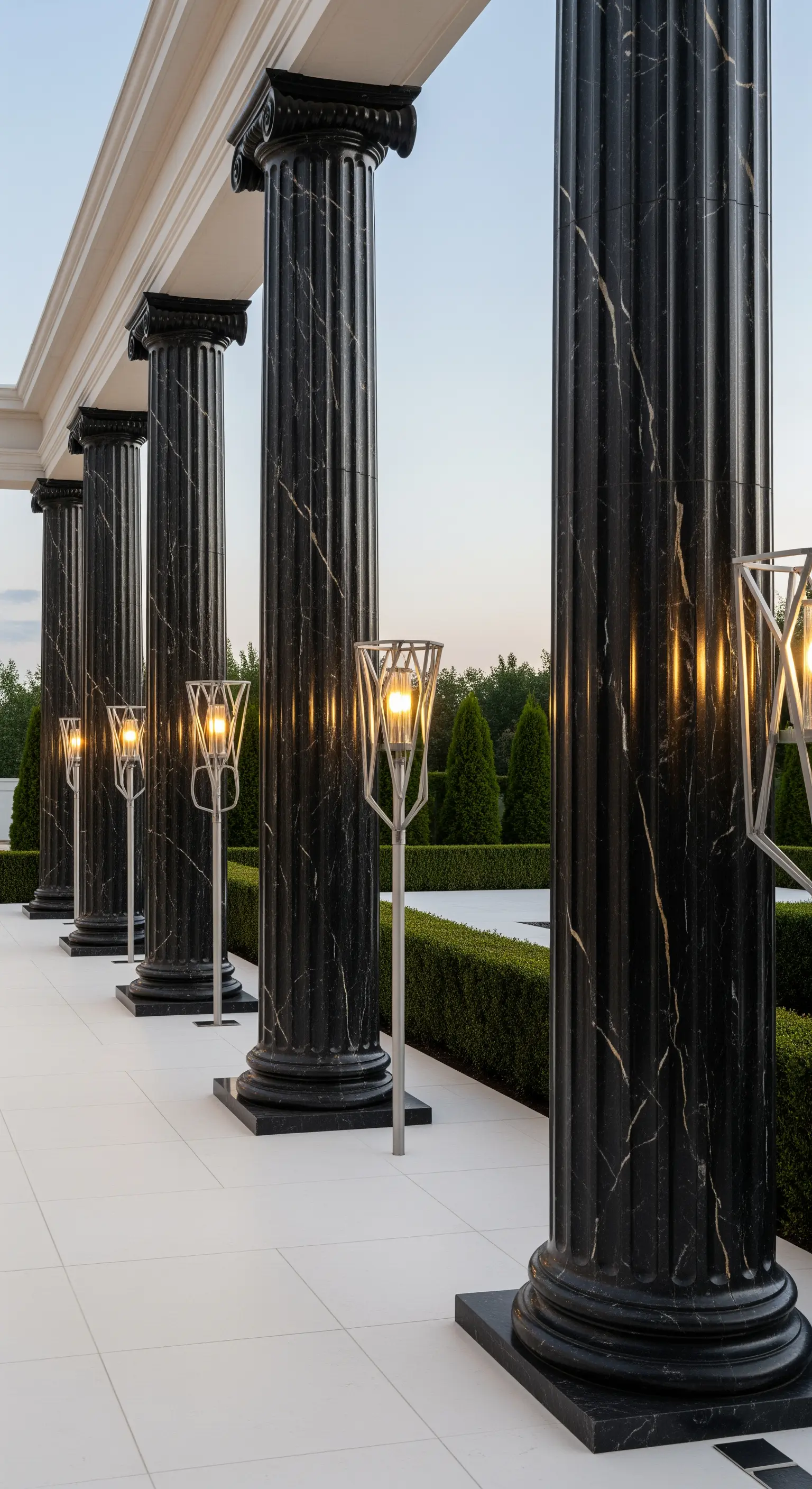 Portico moderno con imponenti colonne in marmo nero e lampade di design.