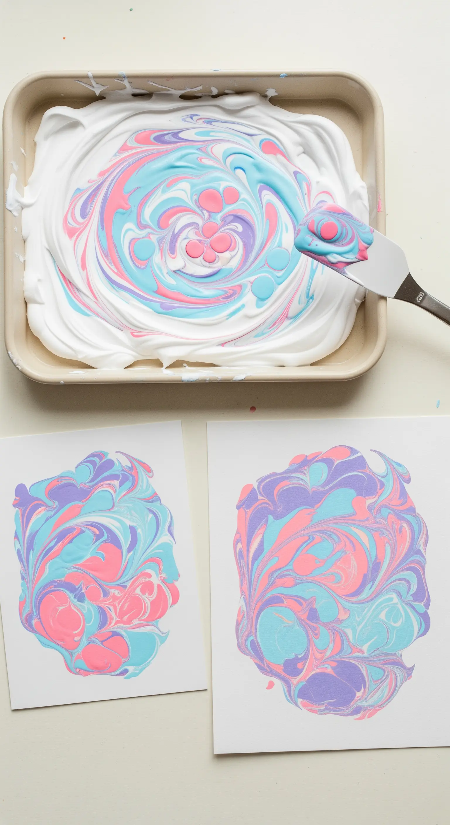 Tecnica di marmorizzazione della carta usando schiuma da barba e colori acrilici liquidi.