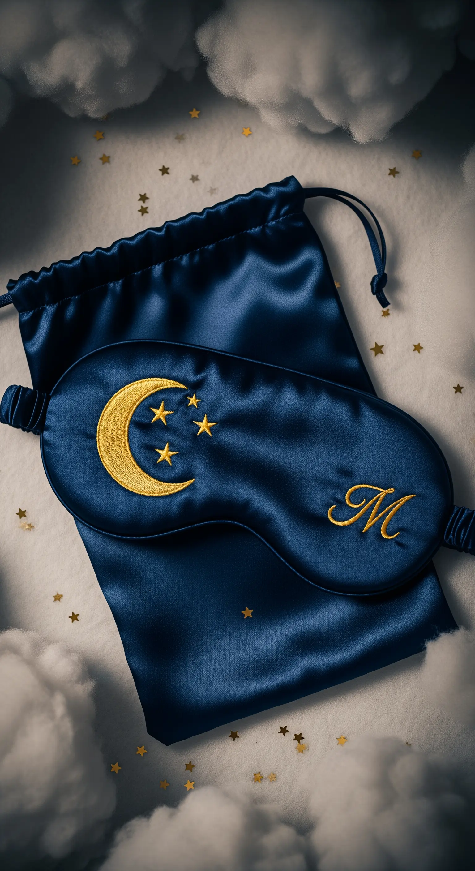Mascherina da notte in raso blu personalizzata con ricamo di una luna e un'iniziale.