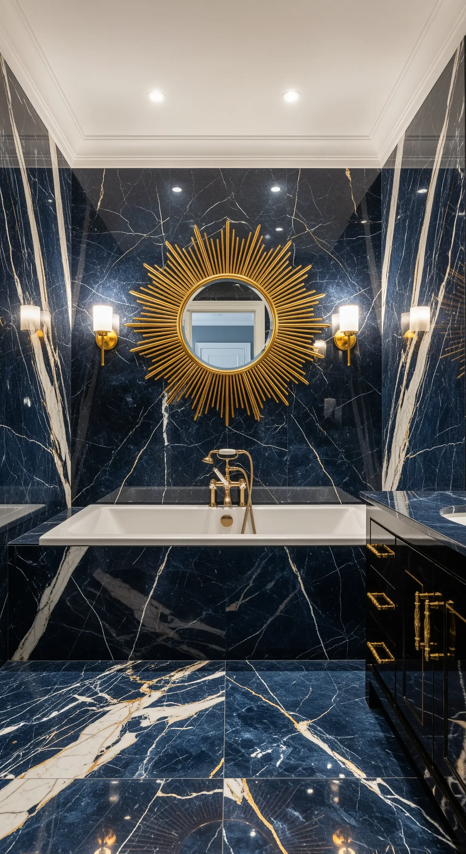 Bagno con pareti e pavimento in marmo blu e venature bianche, con specchio dorato a raggiera.