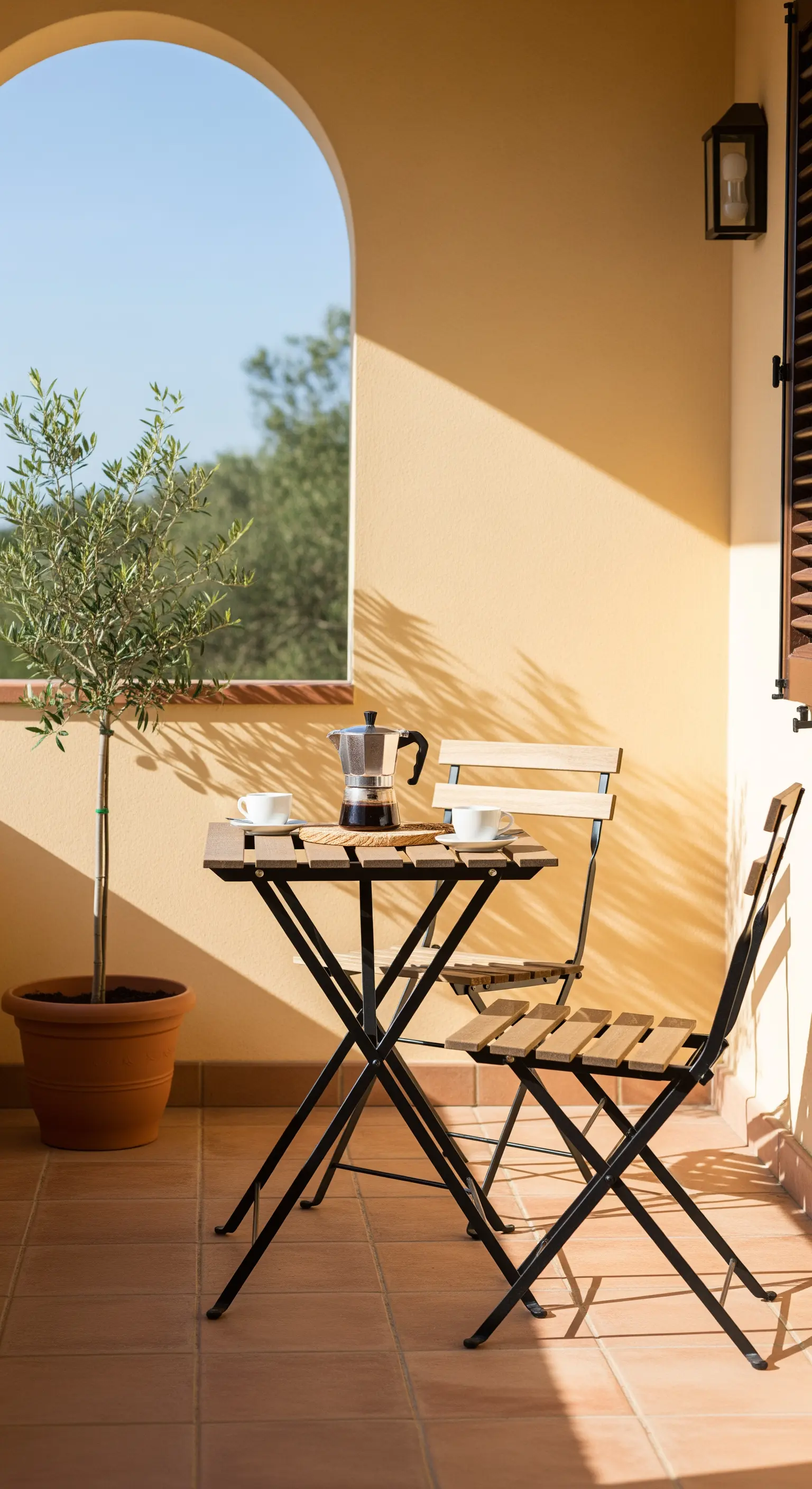 Piccolo portico con tavolino e sedie pieghevoli per la colazione e un ulivo.