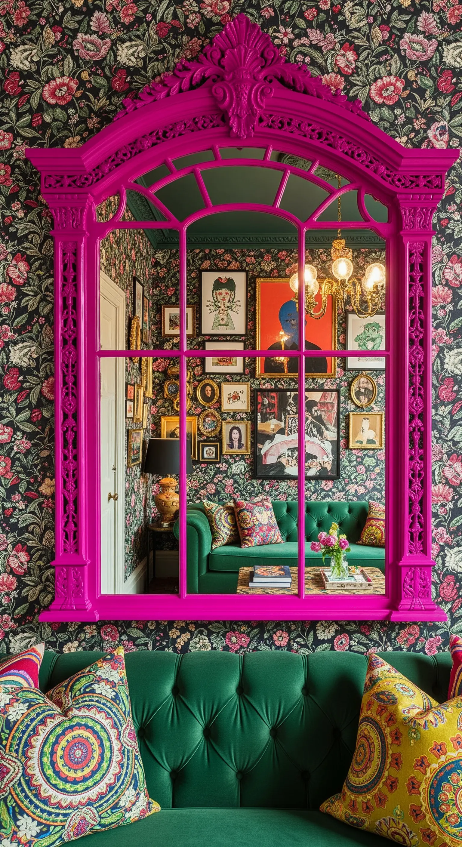 Grande specchio con cornice decorata color magenta, su una parete con carta da parati floreale.