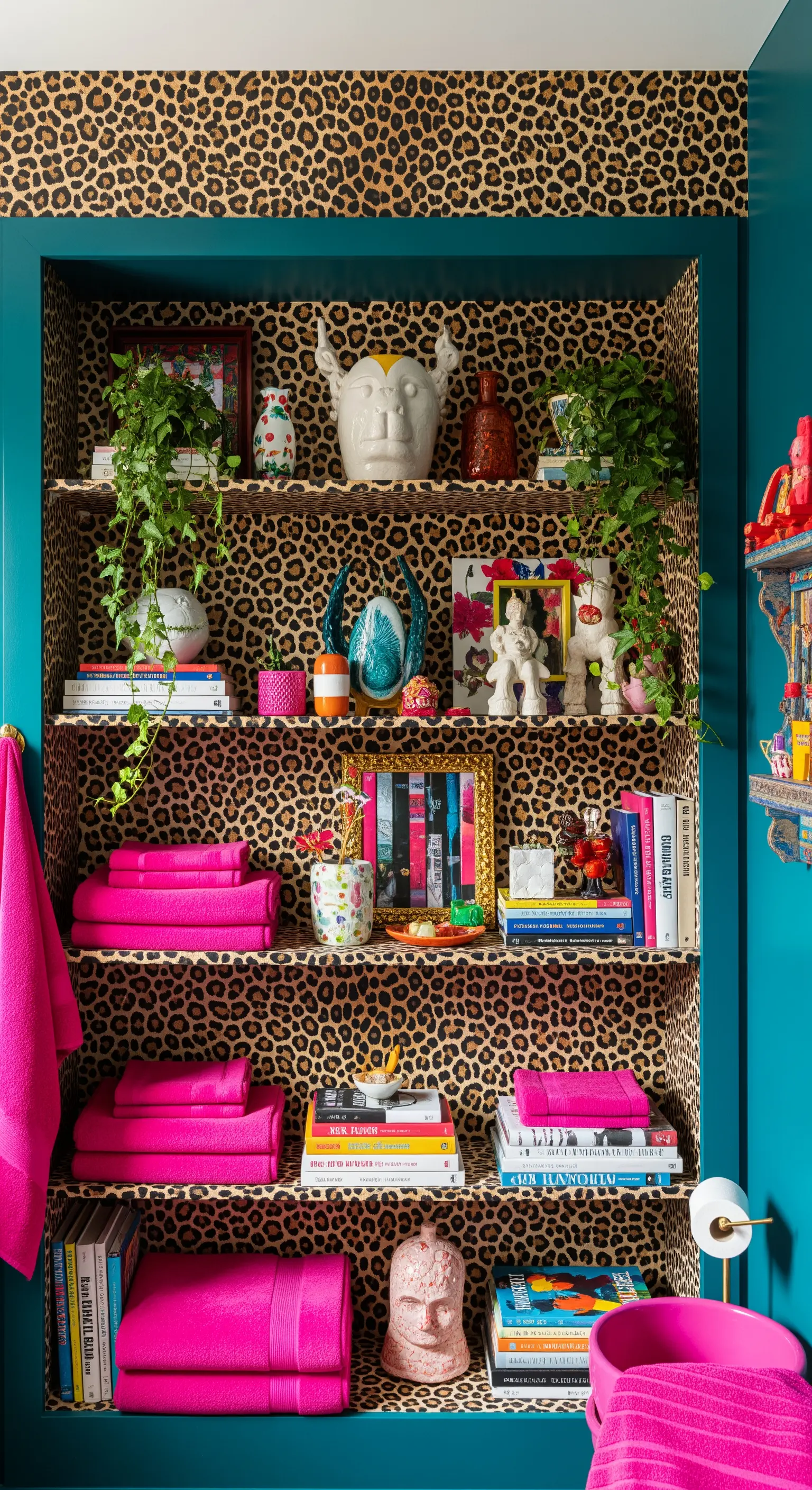 Nicchia rivestita con carta da parati leopardata, con oggetti d'arte e asciugamani fucsia.