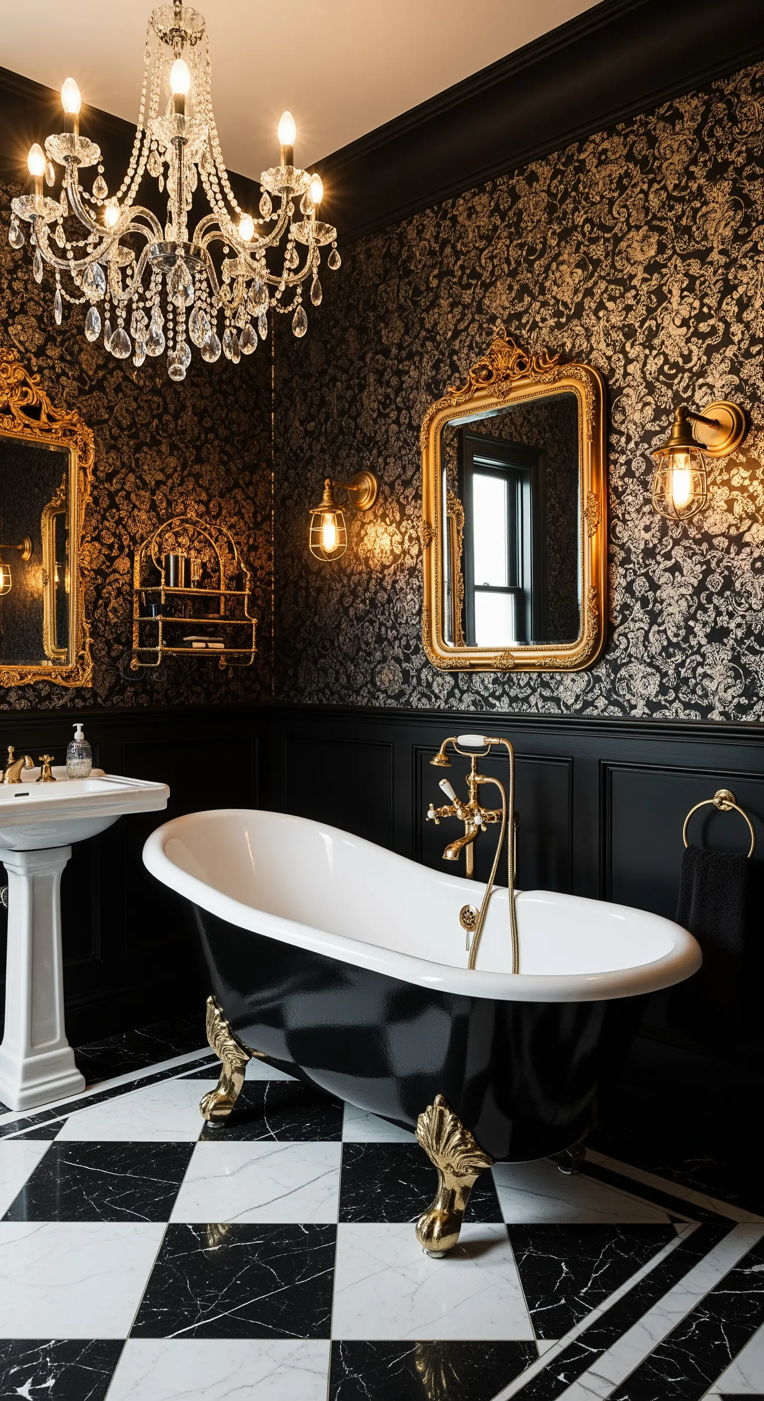 Bagno barocco con carta da parati damascata, lampadario di cristallo e vasca nera con piedini dorati.