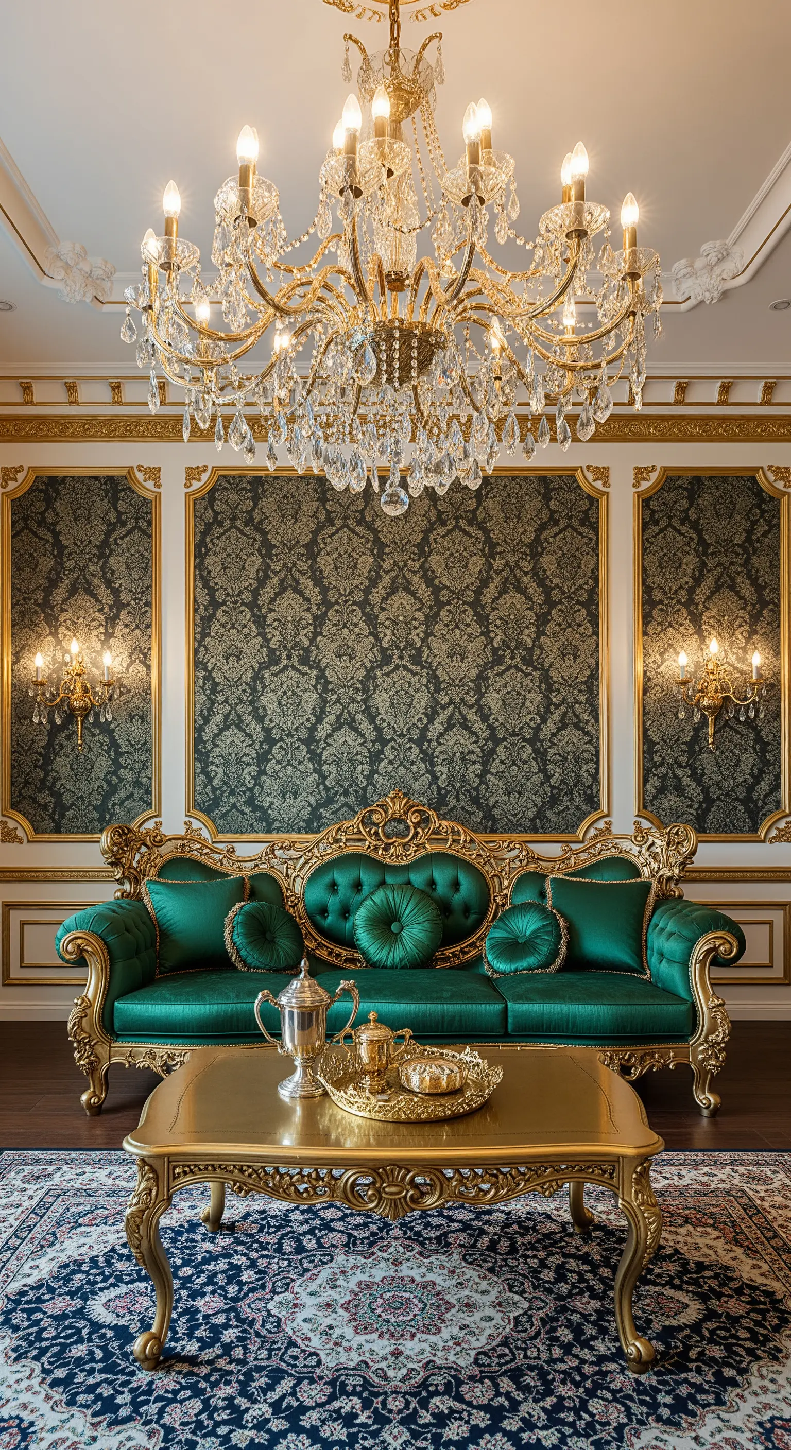Salotto barocco con divano intagliato dorato e verde, carta da parati damascata e tavolino dorato.