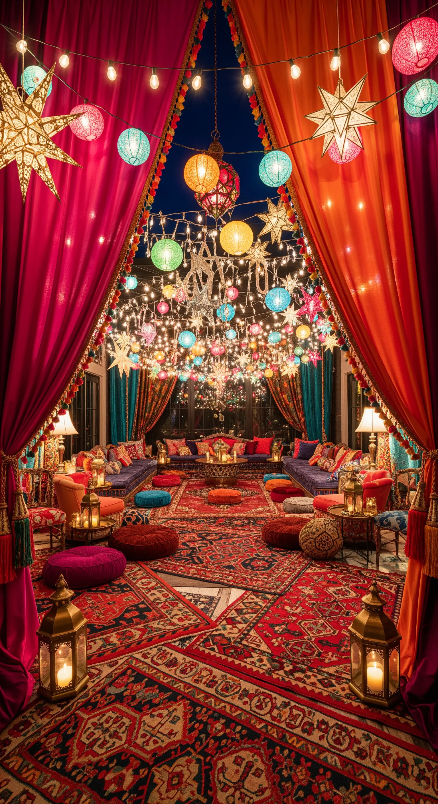 Allestimento bohémien massimalista con tappeti persiani, lanterne colorate e luci a stella.
