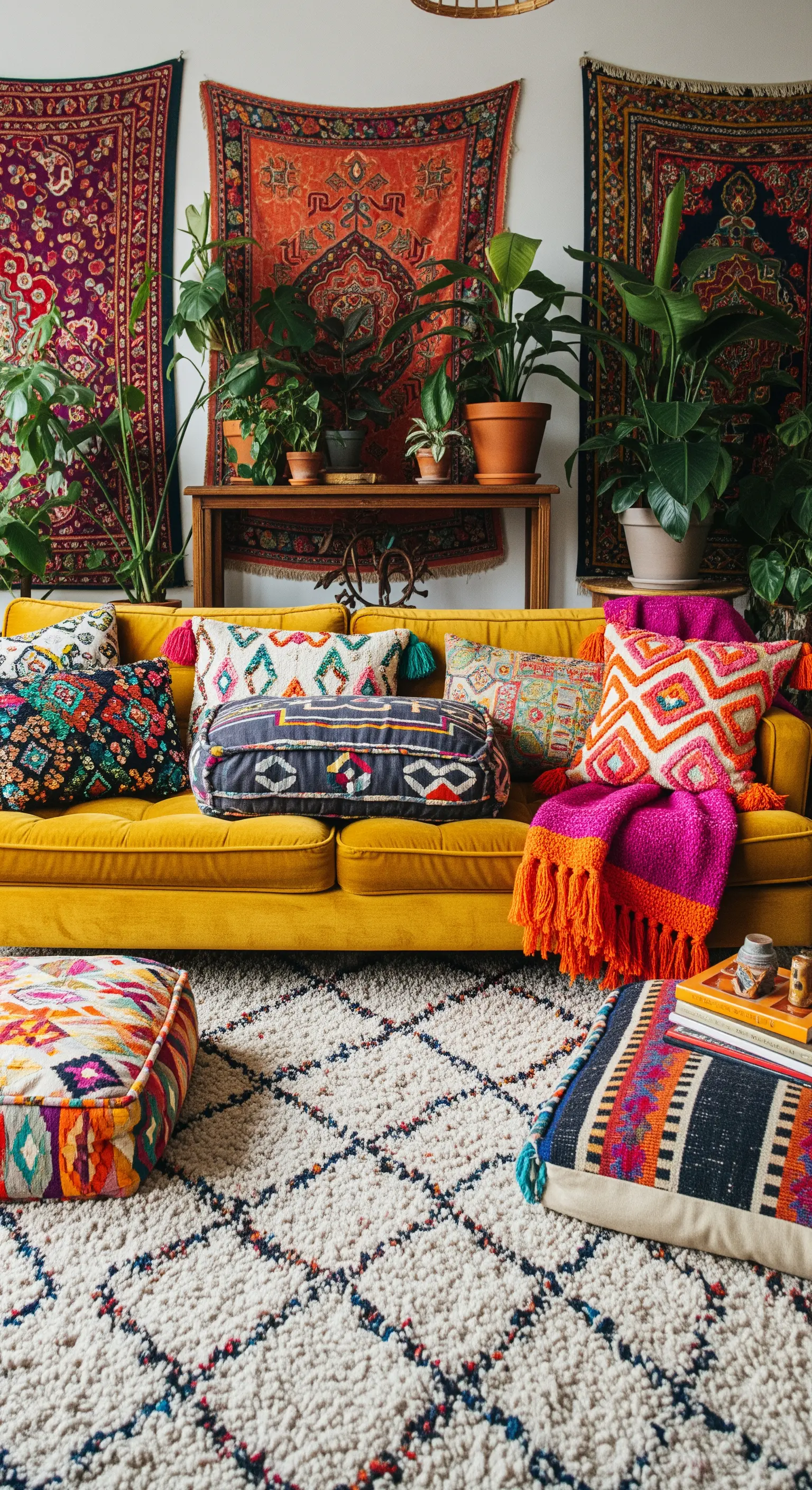 Salotto bohémien con divano giallo, cuscini etnici colorati e tappeti appesi al muro.