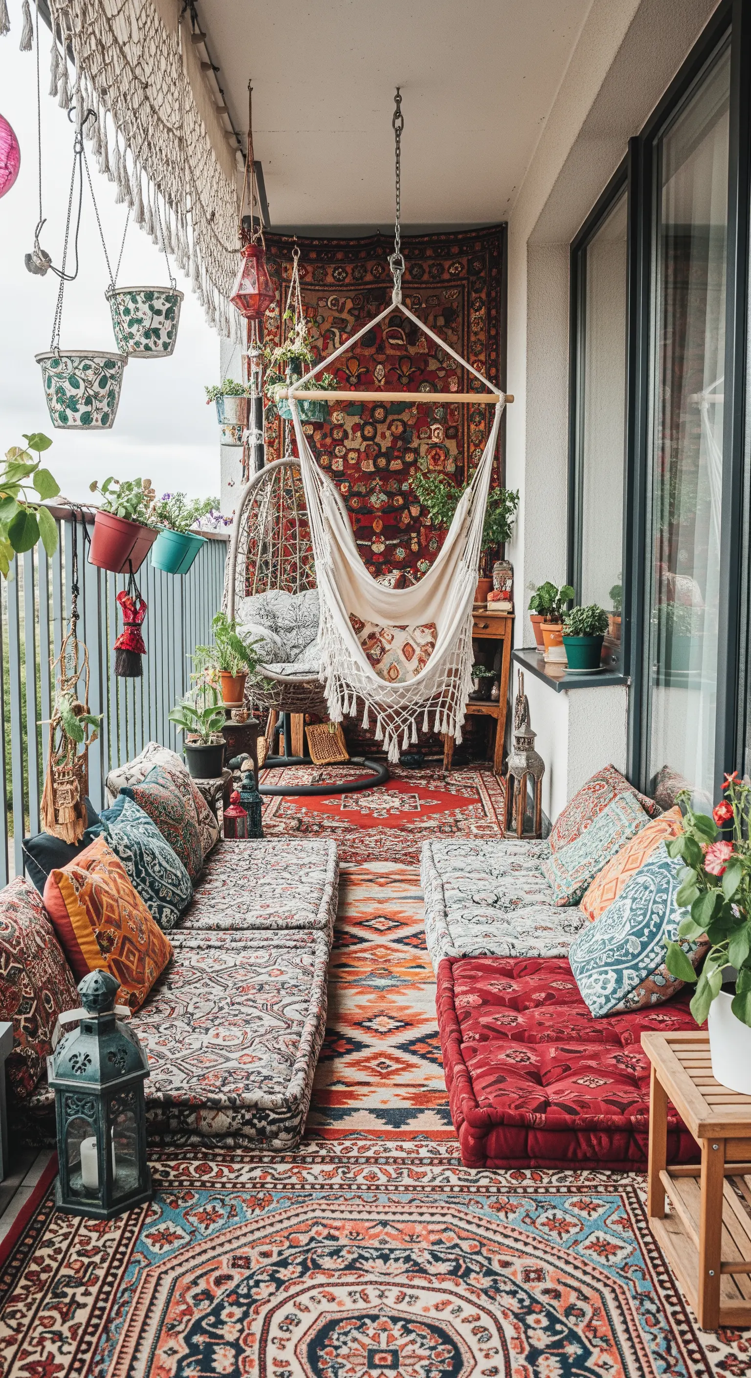 Balcone bohémien massimalista con strati di tappeti, cuscini a terra e un'amaca sospesa.