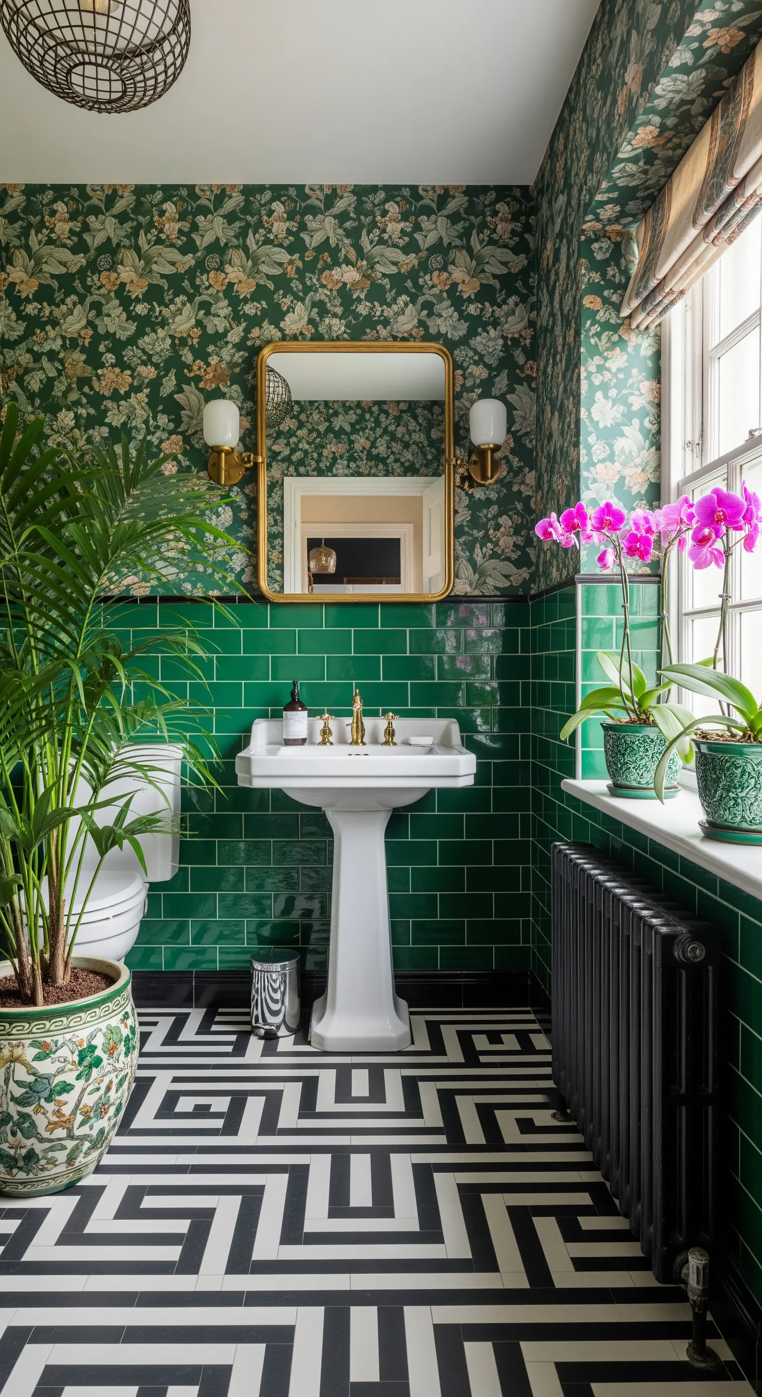Bagno eclettico con carta da parati floreale, piastrelle verdi e pavimento geometrico.