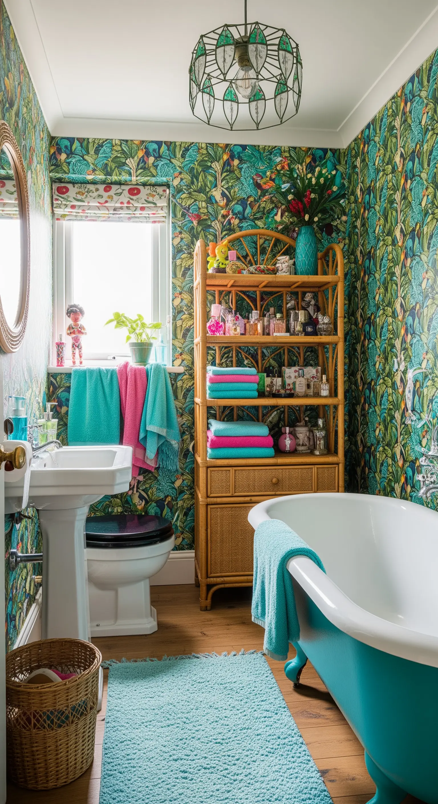 Bagno con carta da parati a tema giungla, vasca turchese e scaffale in bambù.