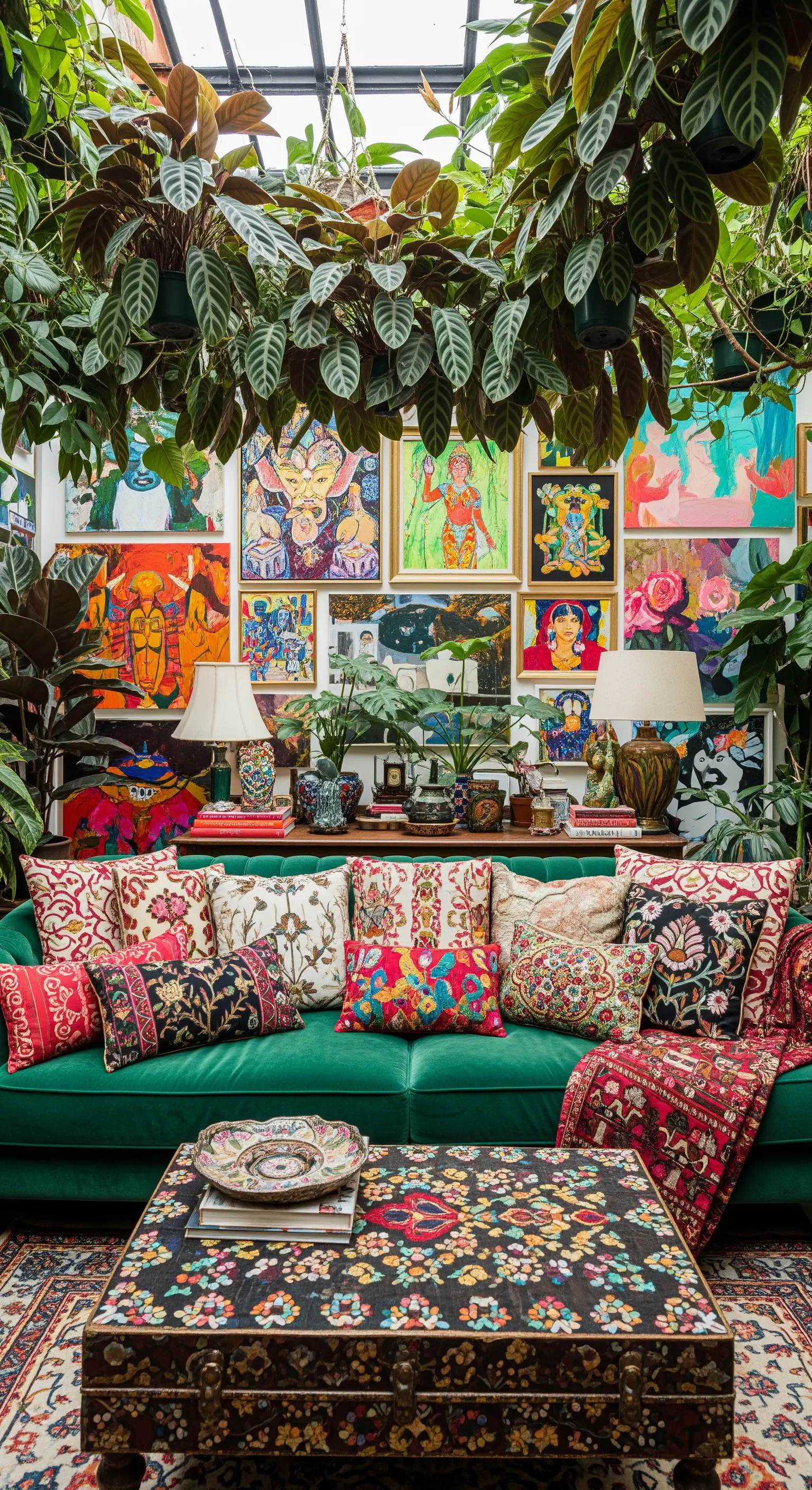 Salotto massimalista con divano verde, cuscini fantasia, parete piena di quadri e piante ovunque.