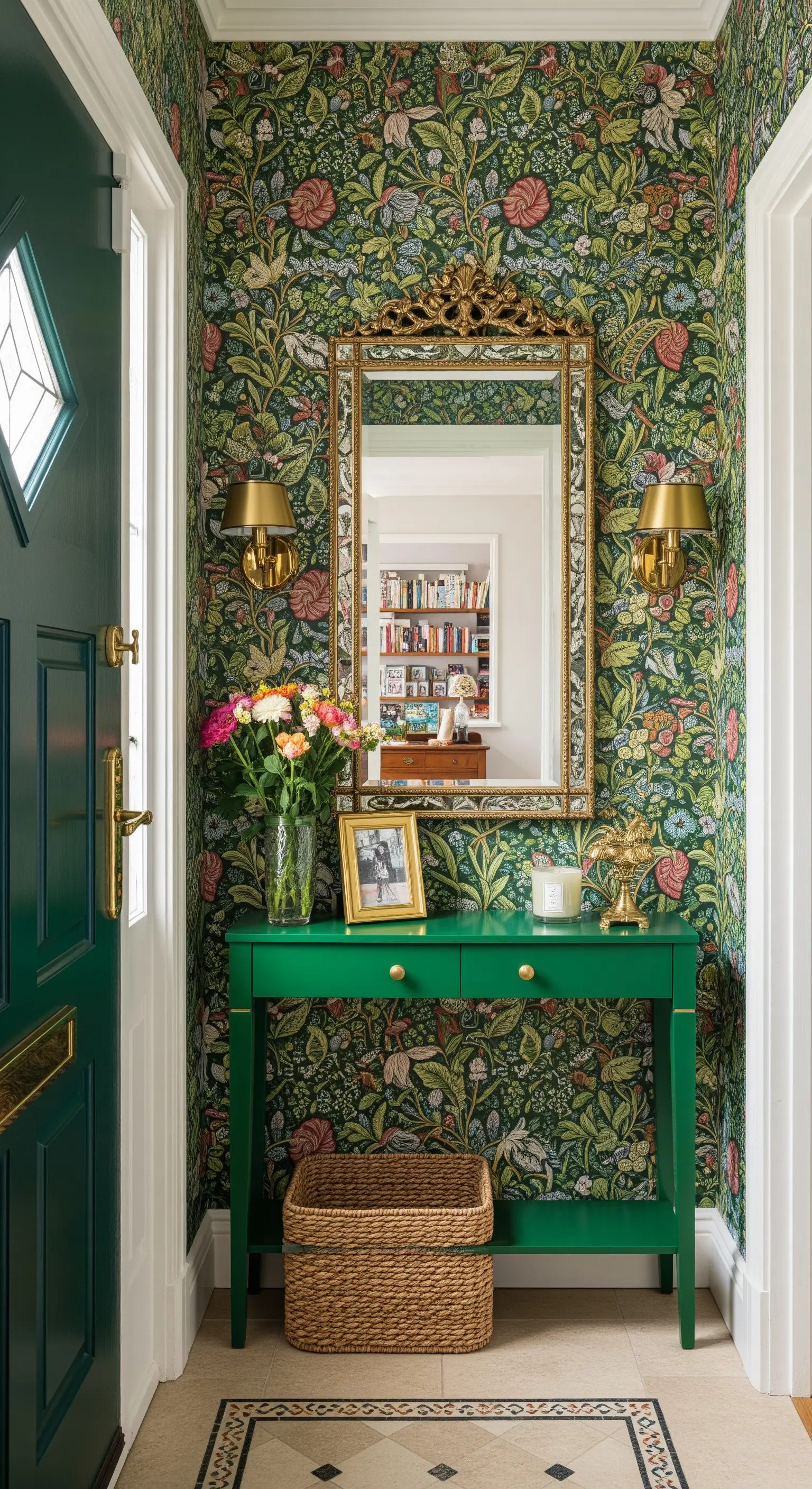Ingresso con carta da parati floreale, consolle verde e specchio con cornice dorata.