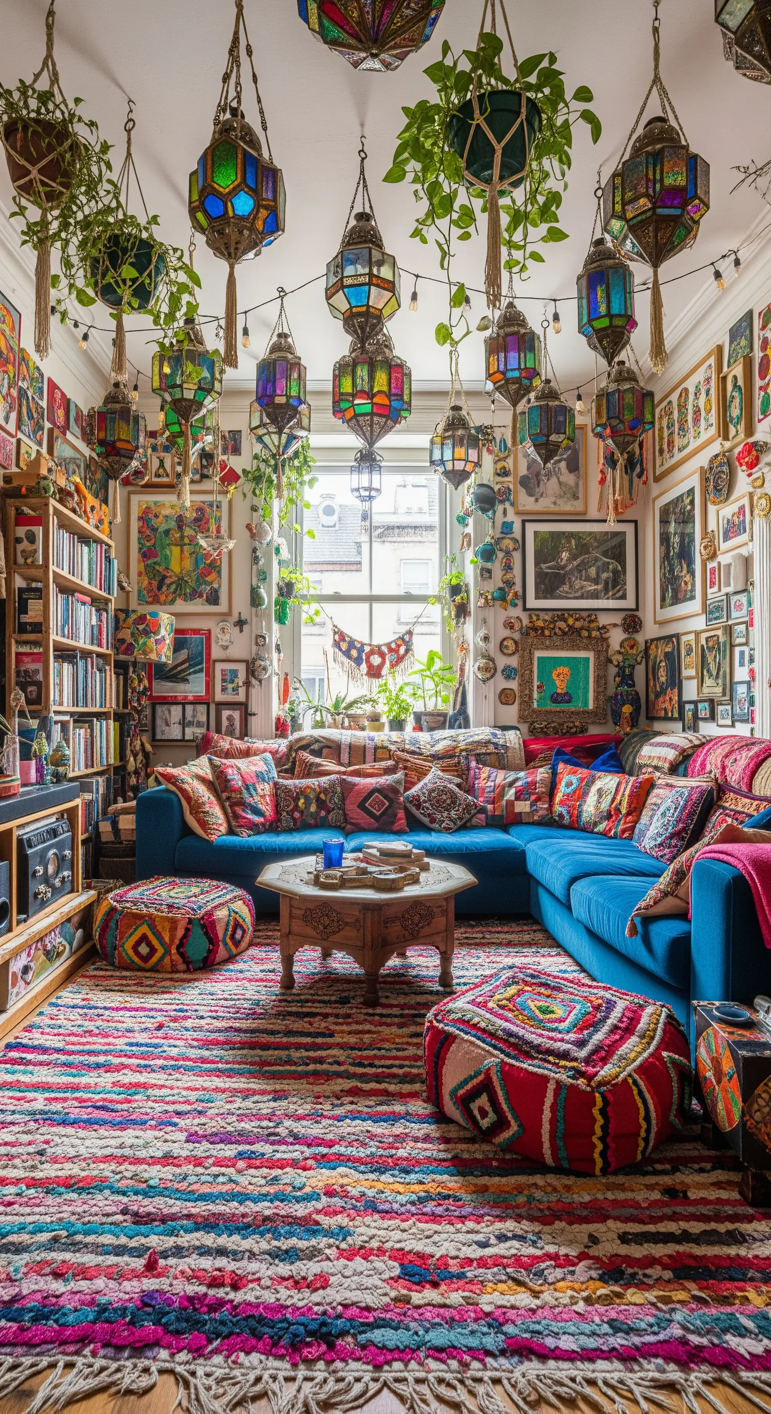Salotto massimalista con decine di lanterne marocchine colorate e piante appese al soffitto.