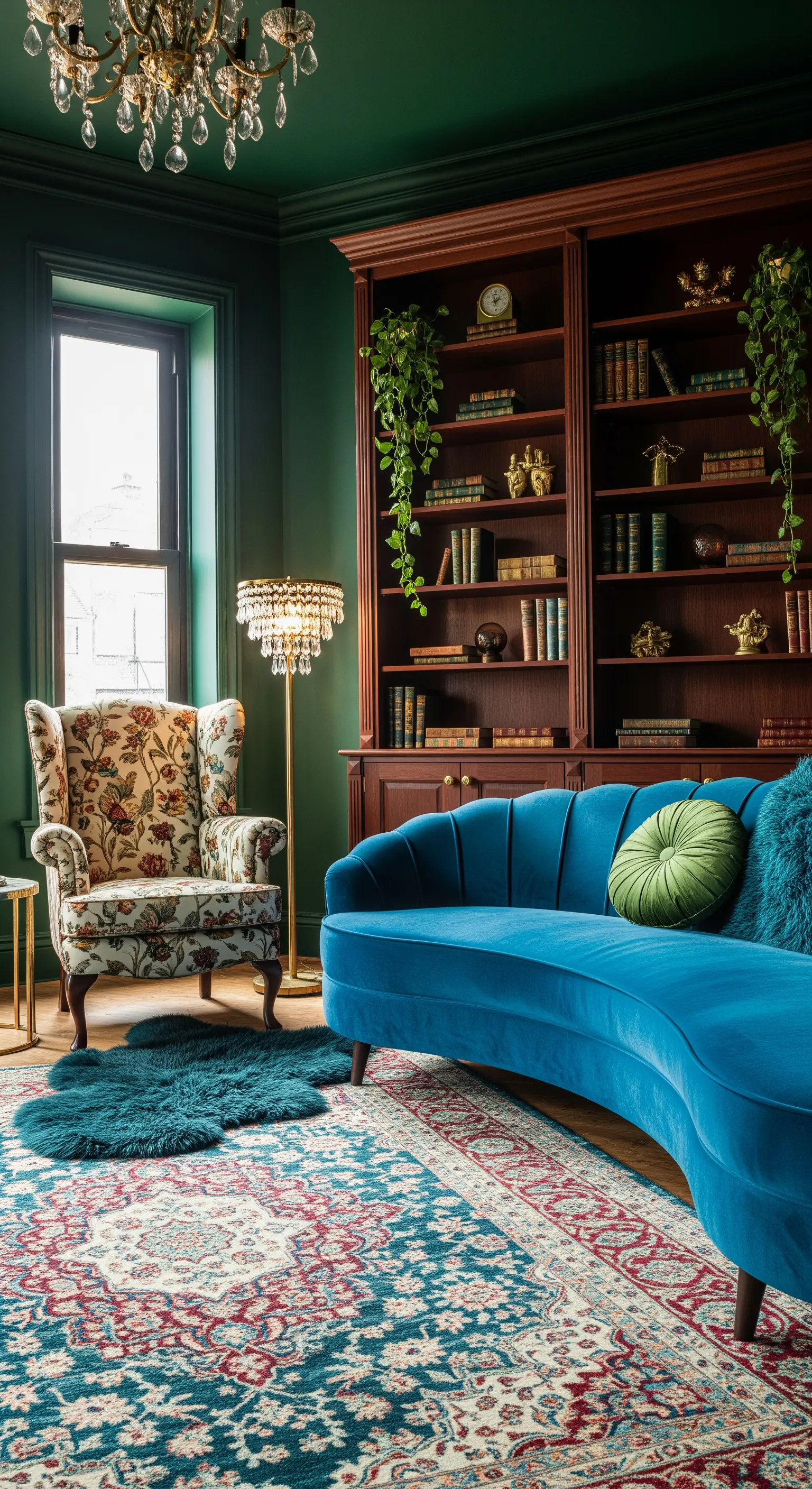 Soggiorno massimalista con pareti verde scuro, libreria in mogano e divano curvo in velluto blu.