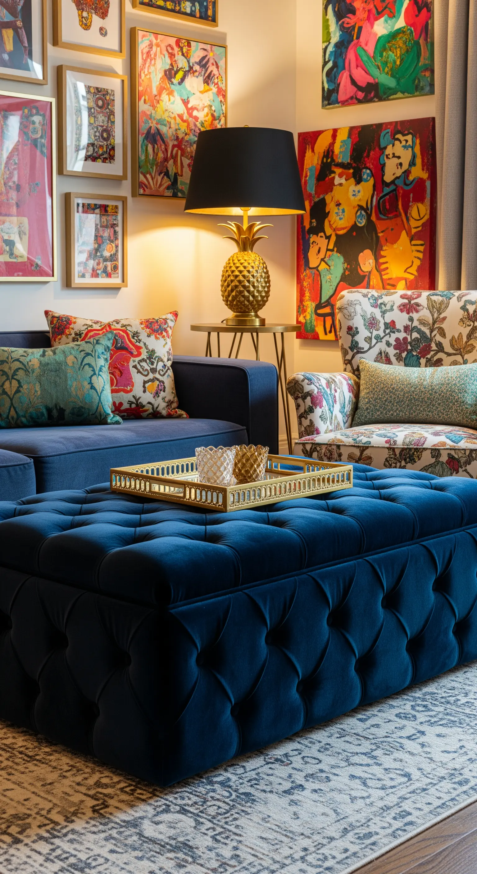 Pouf contenitore capitonné blu notte in un salotto eclettico con quadri e lampada dorata.
