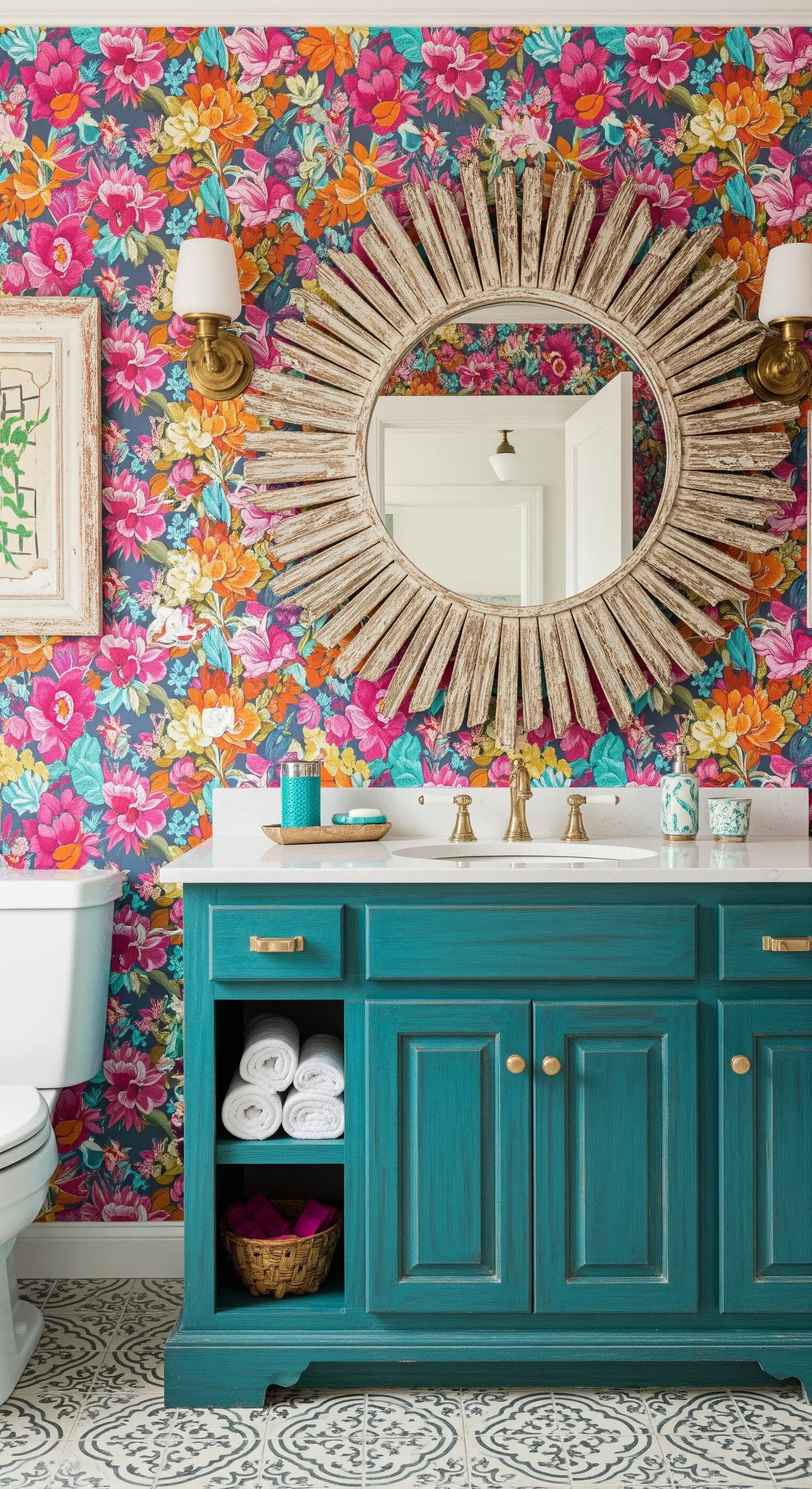 Bagno con carta da parati floreale multicolore, mobile verde acqua e specchio a raggiera.
