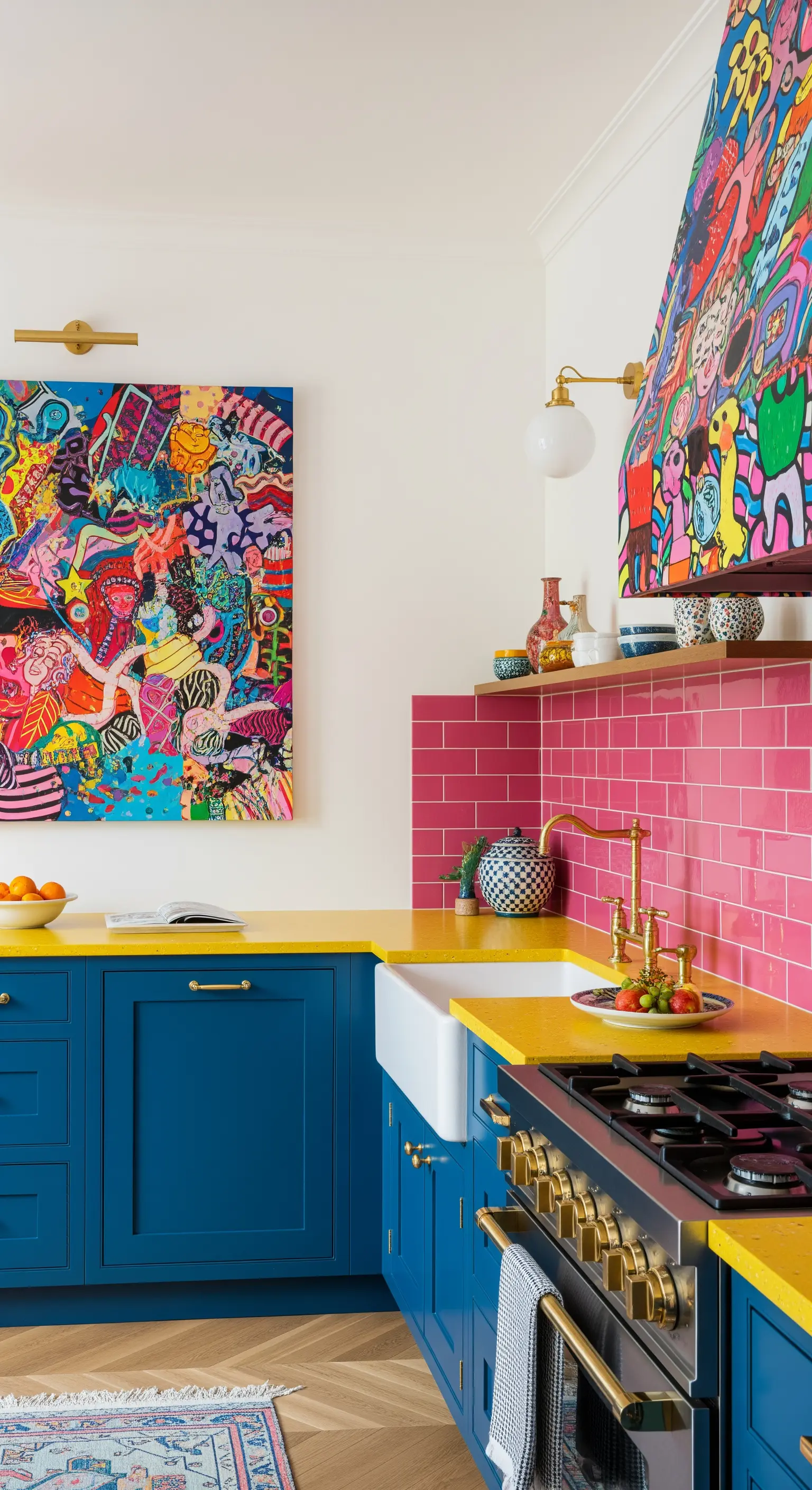 Cucina massimalista con mobili blu, top giallo, piastrelle fucsia e quadri coloratissimi.