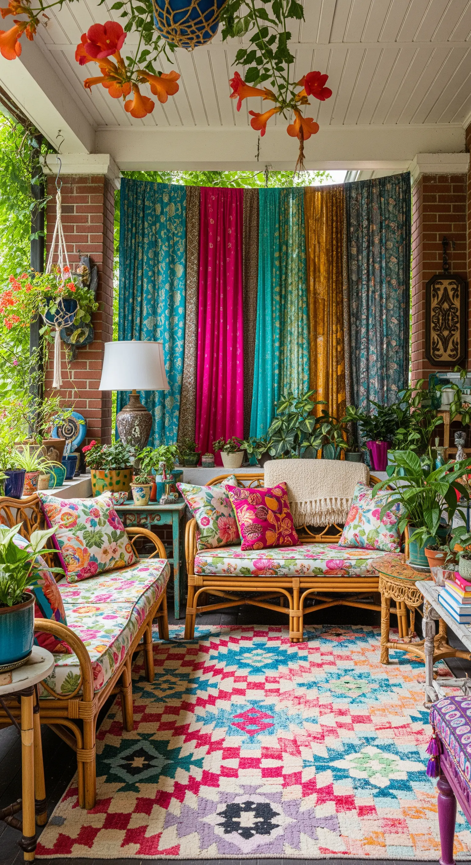 Portico massimalista con divani in rattan, tessuti indiani fucsia e turchese, e un tappeto geometrico.