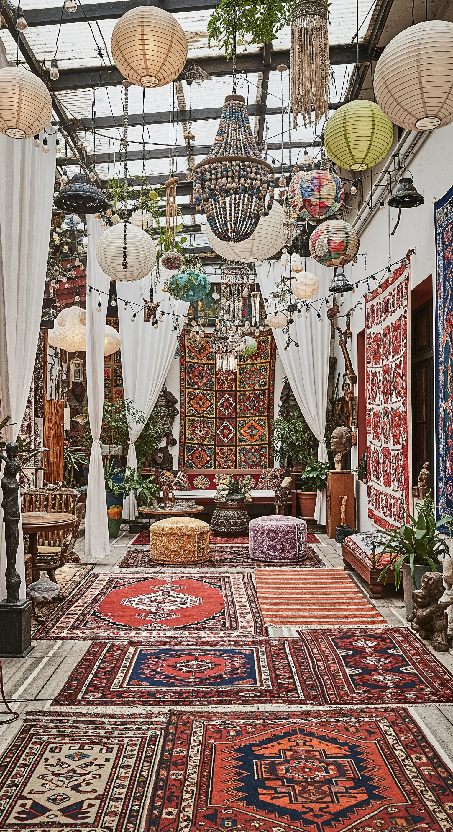 Patio eclettico e massimalista con tappeti sovrapposti, lanterne, piante e oggetti d'arte.