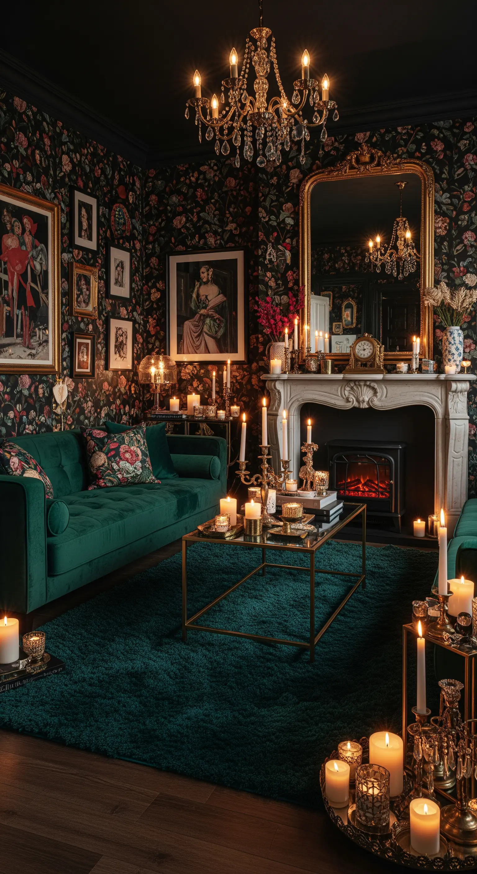 Soggiorno massimalista con carta da parati floreale scura e divano in velluto verde.