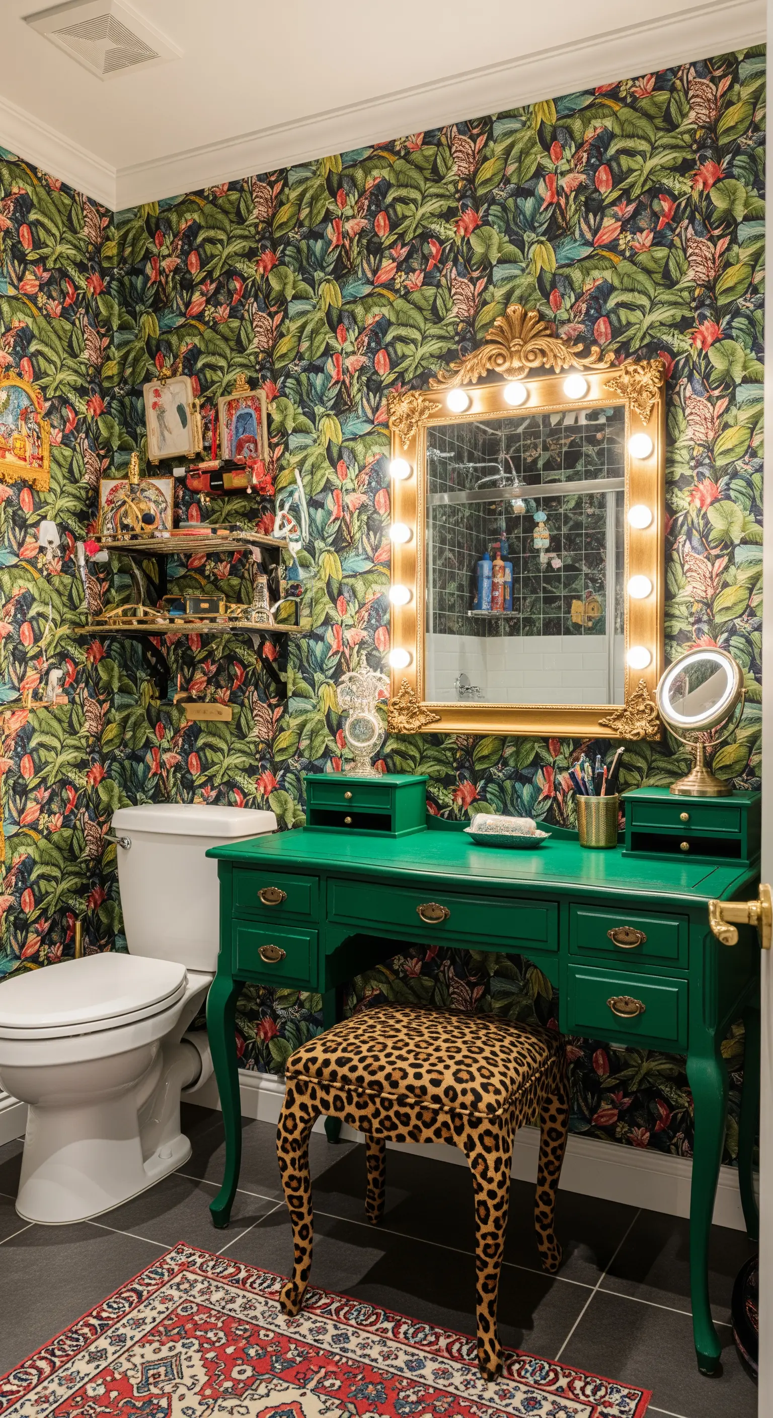 Angolo beauty massimalista con carta da parati jungle, mobile verde e sgabello leopardato.