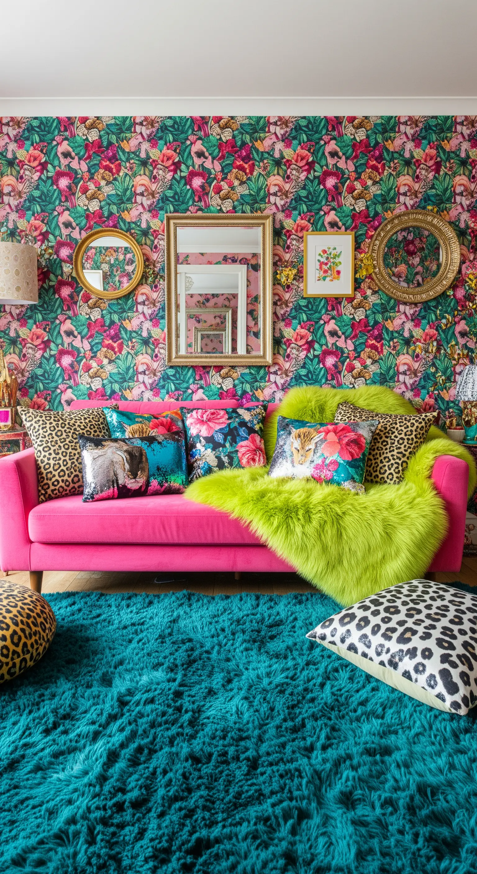 Salotto massimalista con divano fucsia, carta da parati floreale e un tappeto turchese a pelo lungo.