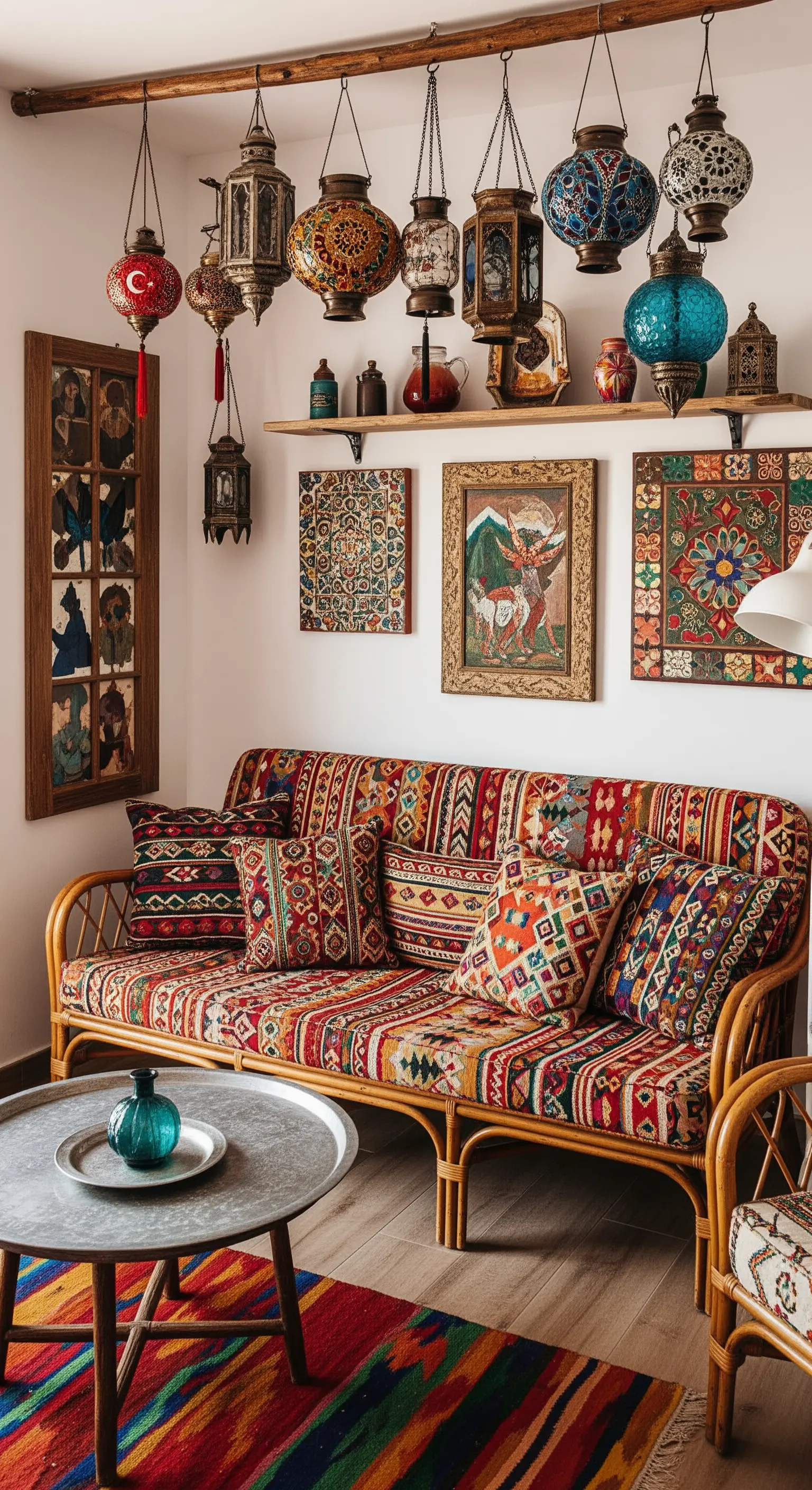 Salotto eclettico con divano in tessuto etnico, tappeto colorato e una collezione di lanterne sospese.