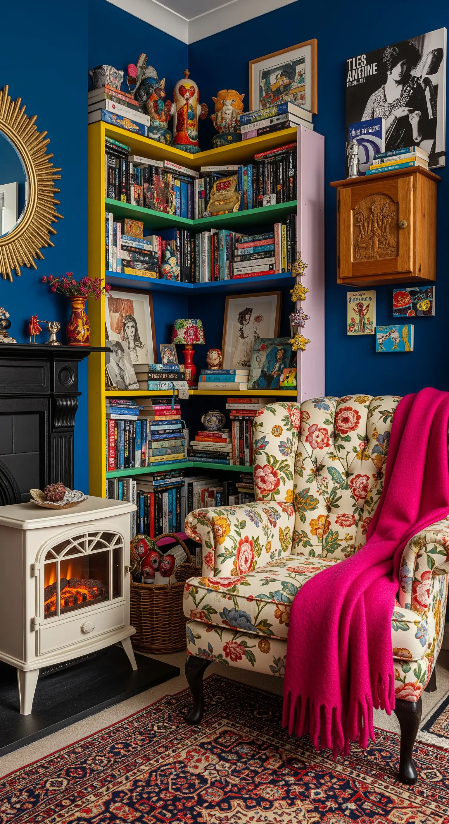 Angolo lettura massimalista con parete blu, libreria colorata e poltrona a fiori.