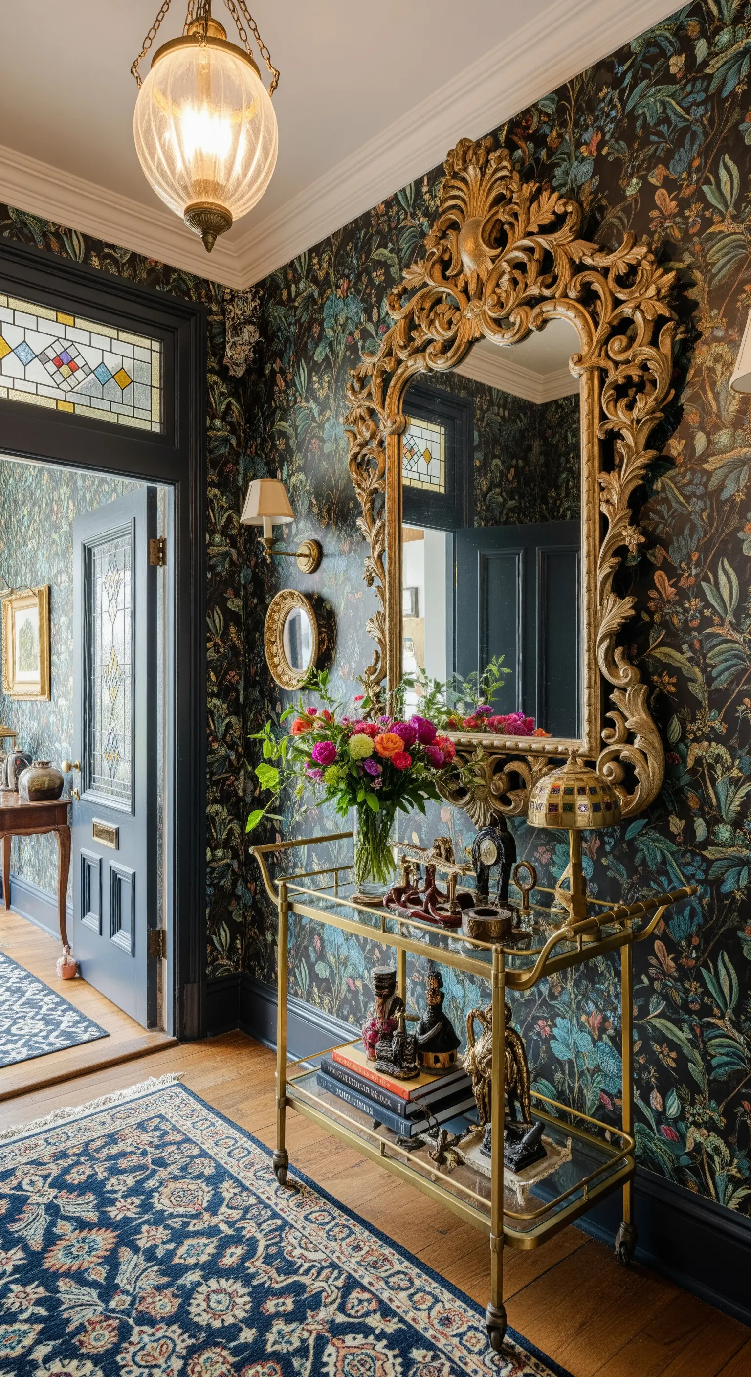 Ingresso con carta da parati floreale scura e grande specchio barocco dorato.