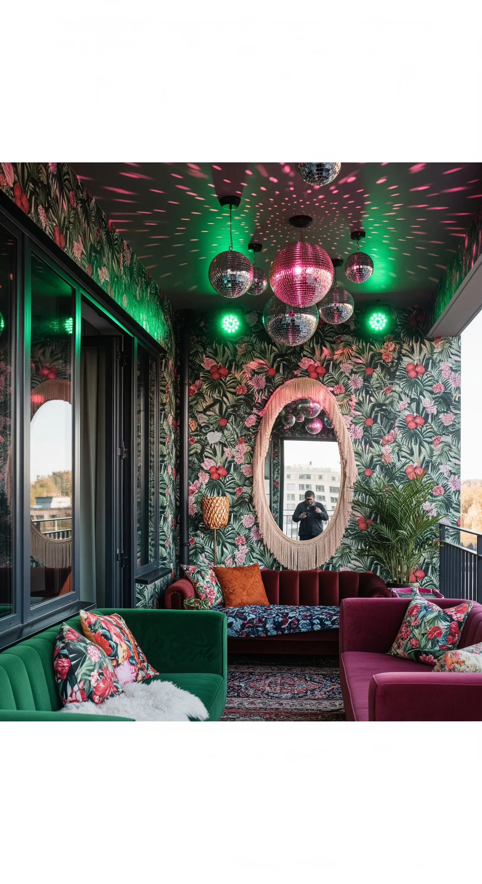 Balcone massimalista con carta da parati tropicale, specchi da discoteca e divani in velluto.