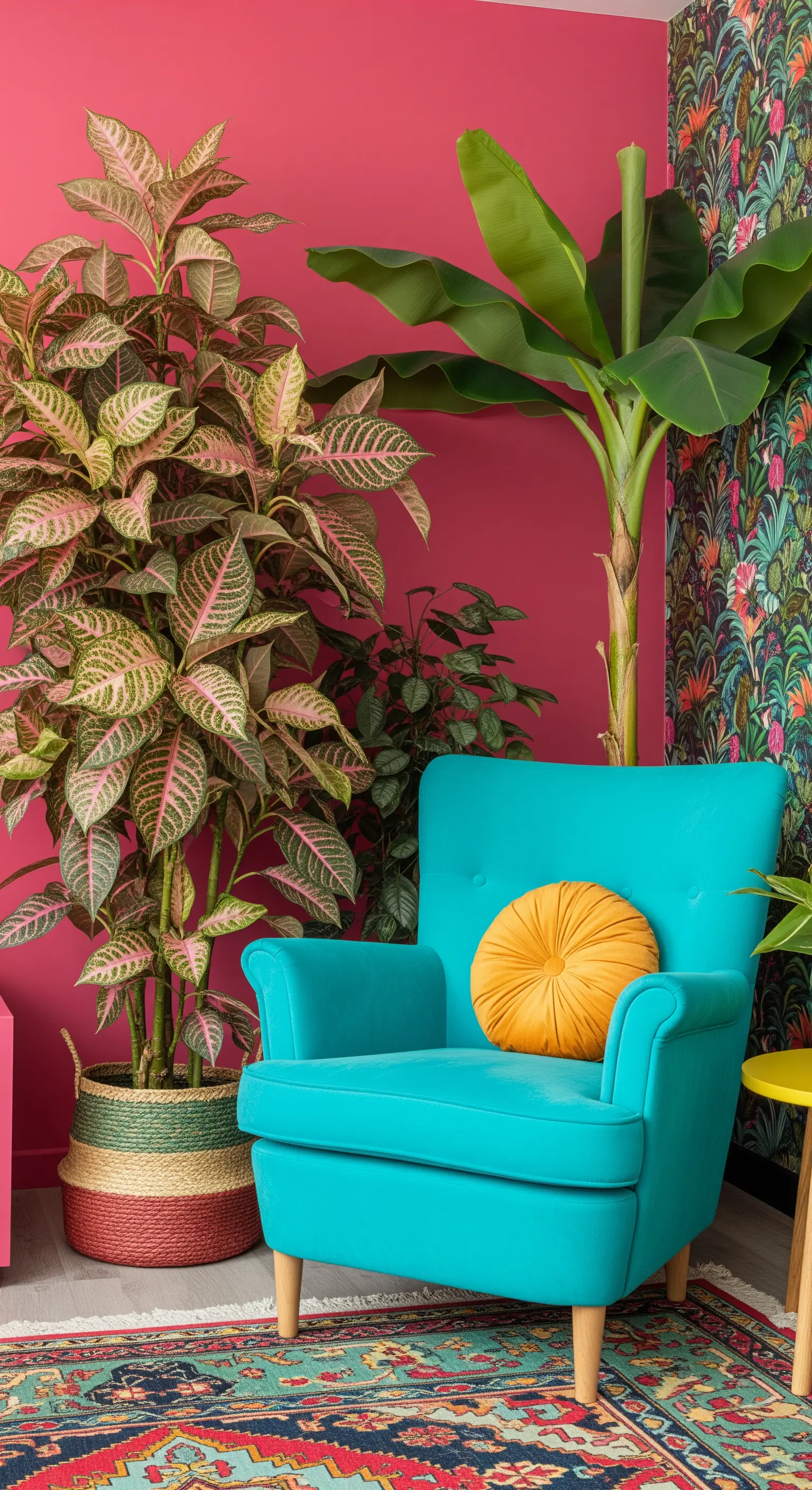 Poltrona turchese contro una parete fucsia, con piante tropicali e carta da parati a tema giungla.