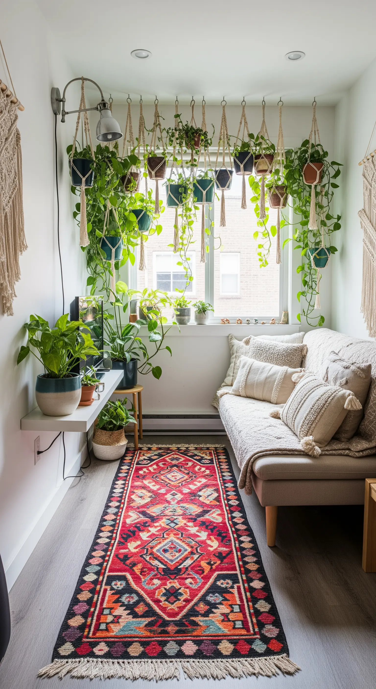 Piccolo angolo lettura con una parete di piante sospese davanti alla finestra e un tappeto runner etnico.