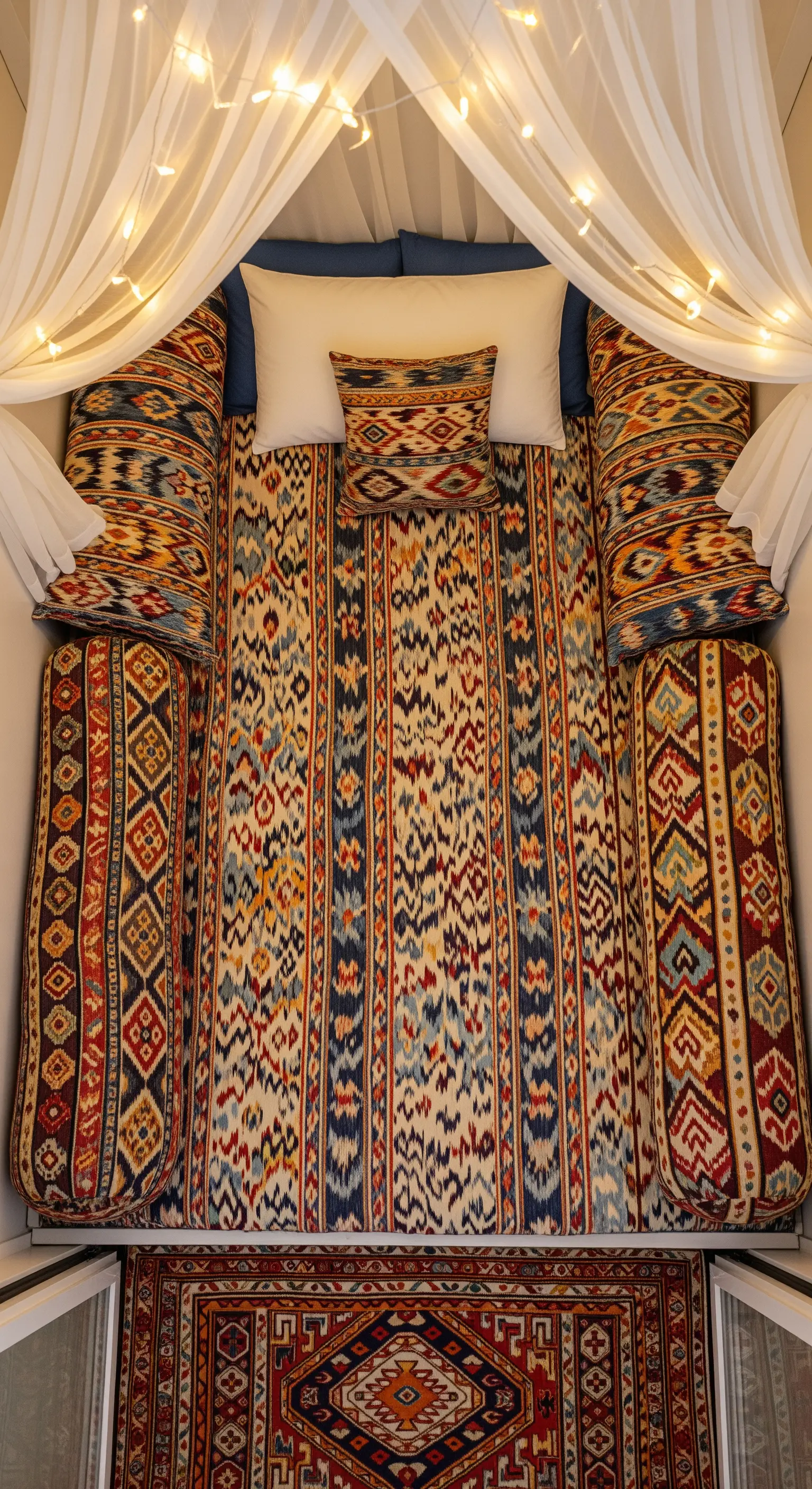 Piccolo balcone trasformato in un letto da giorno con tessuti etnici e un baldacchino di luci.