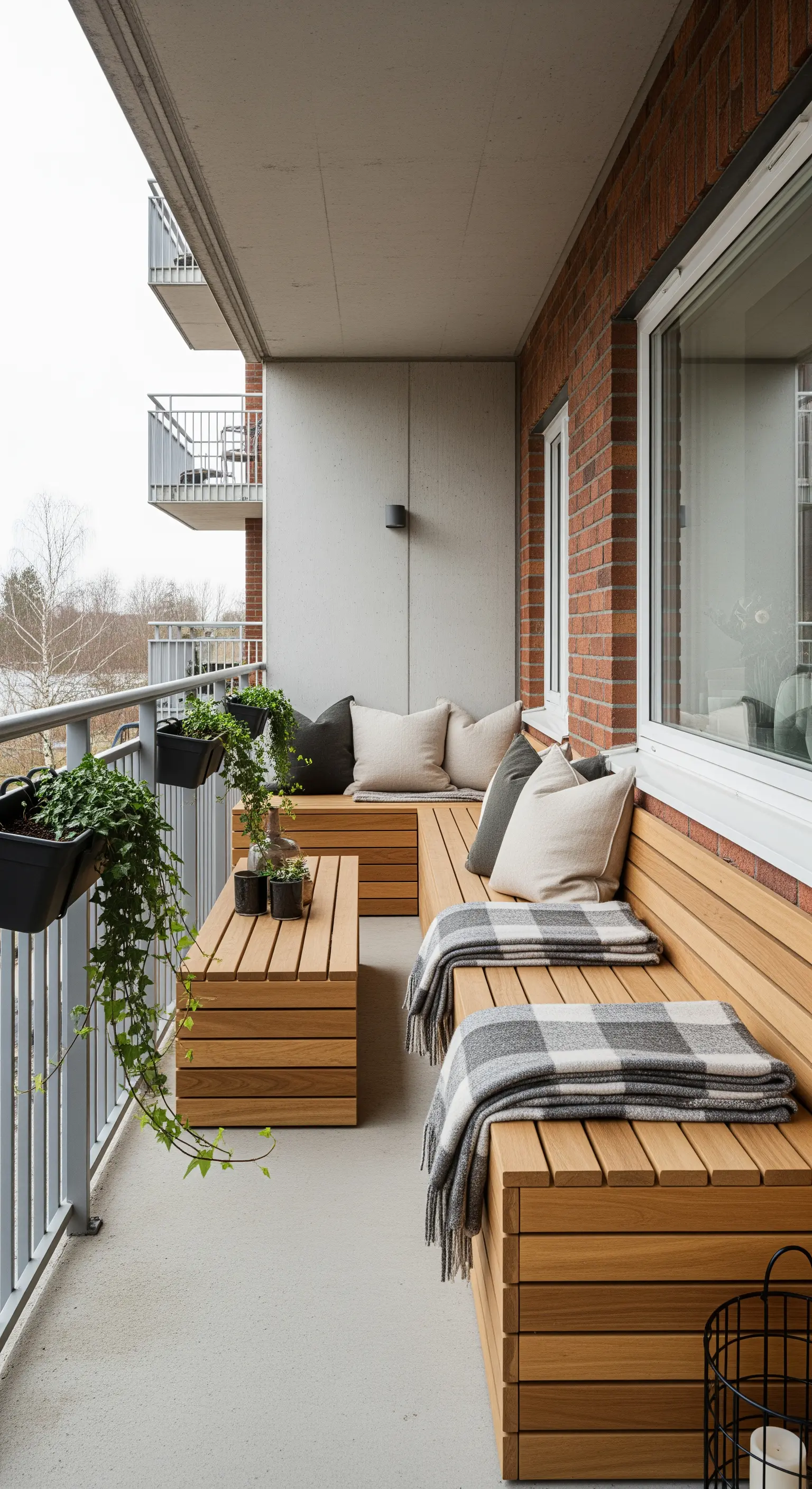 Balcone stretto con panca angolare in legno su misura e contenitore, con piante appese.