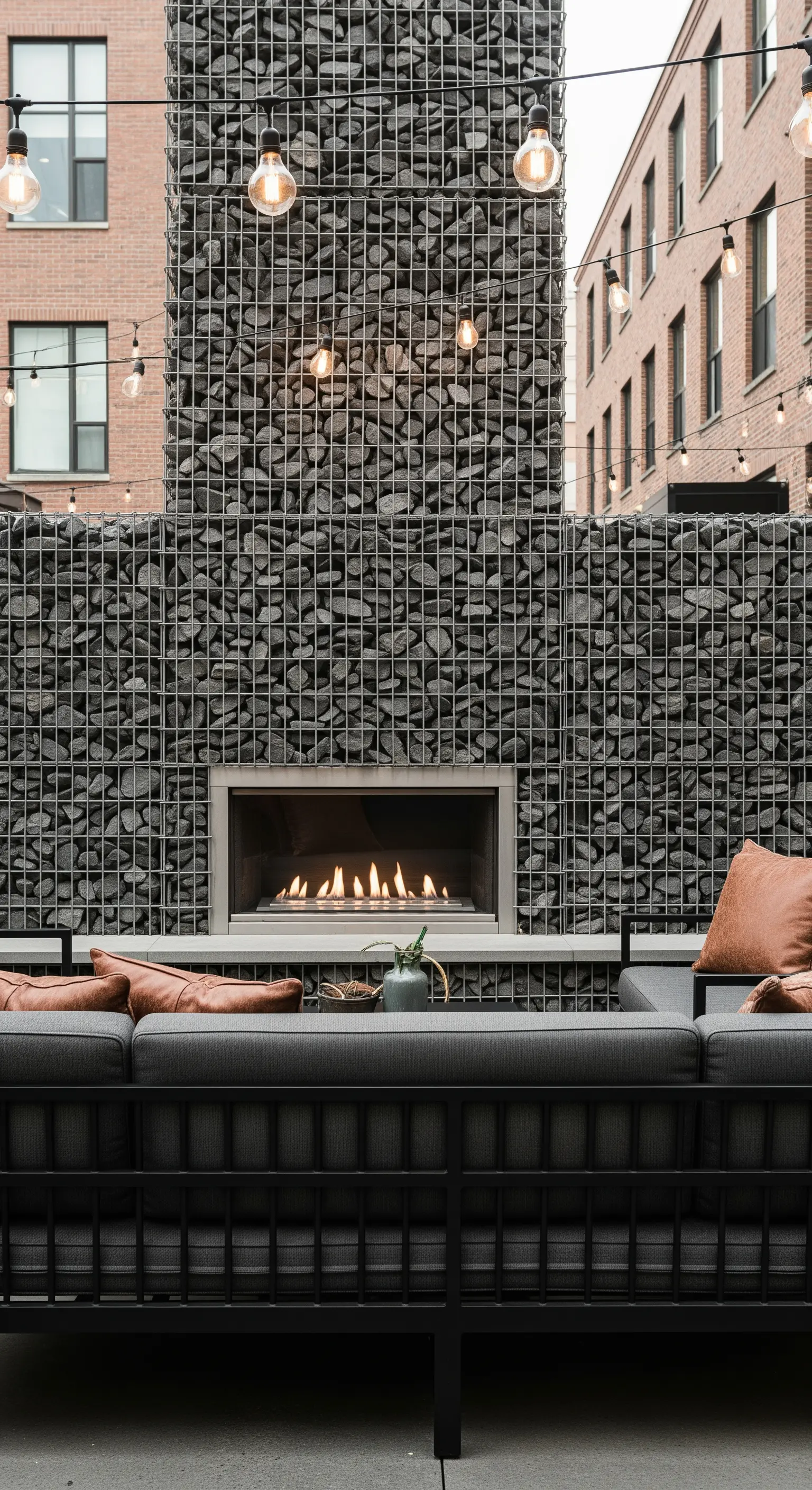 Camino moderno rivestito con gabbioni di pietra in un cortile urbano con divani grigi.