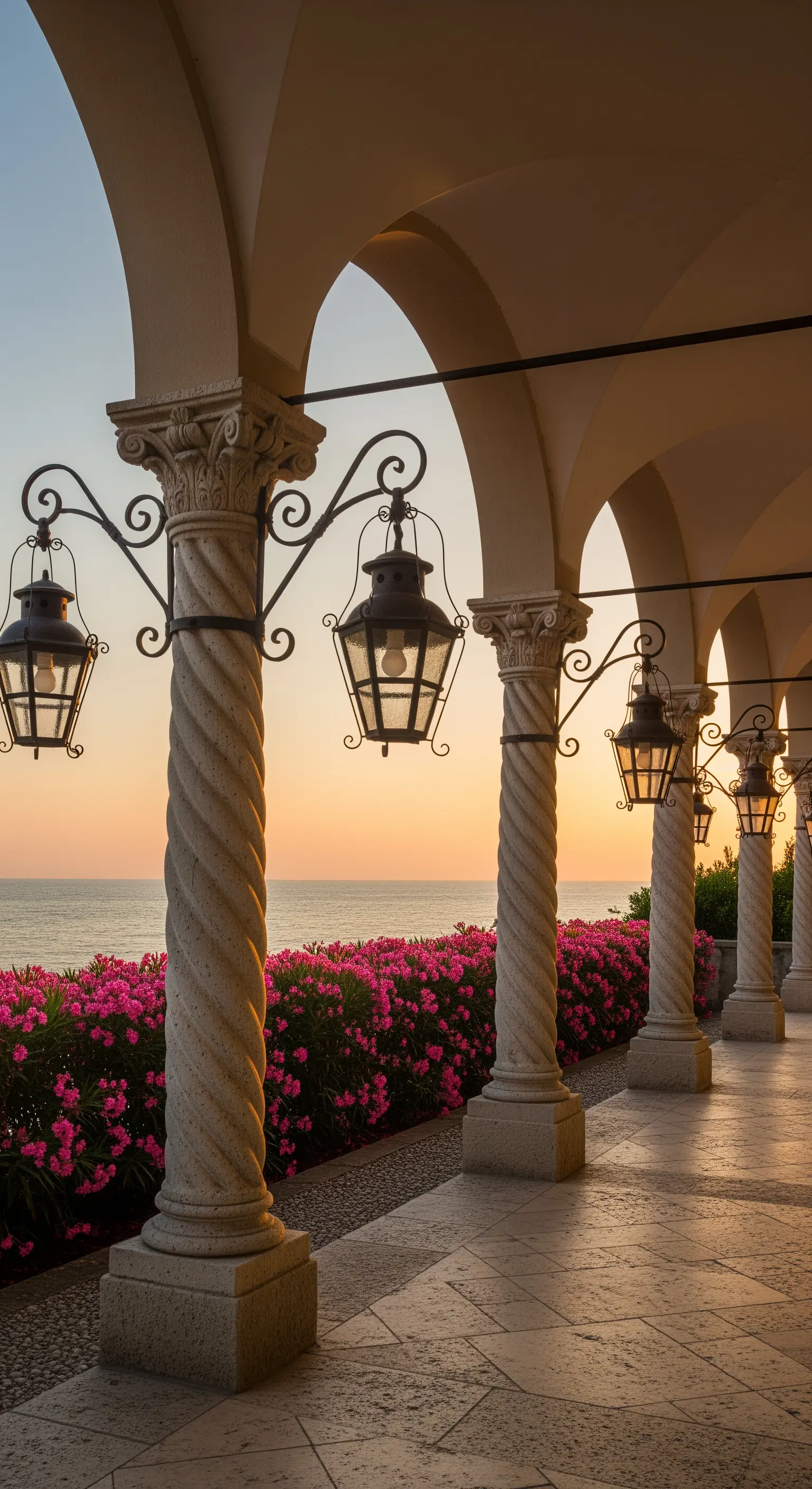 Portico affacciato sul mare al tramonto, con colonne a spirale in pietra e una siepe di oleandri