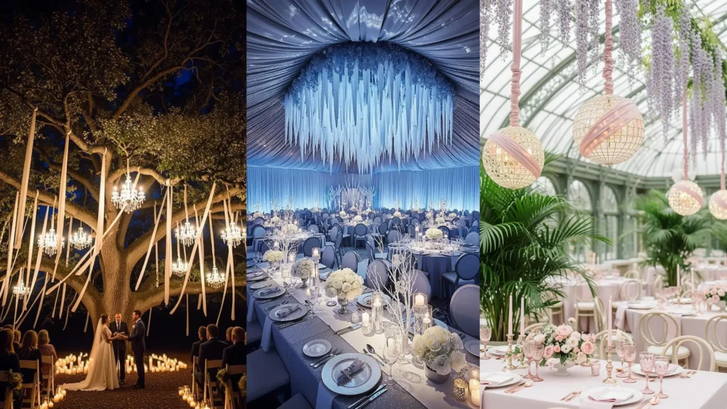 Magnifiche decorazioni scintillanti per matrimonio con chandelier di cristallo e seta, degne di un red carpet.