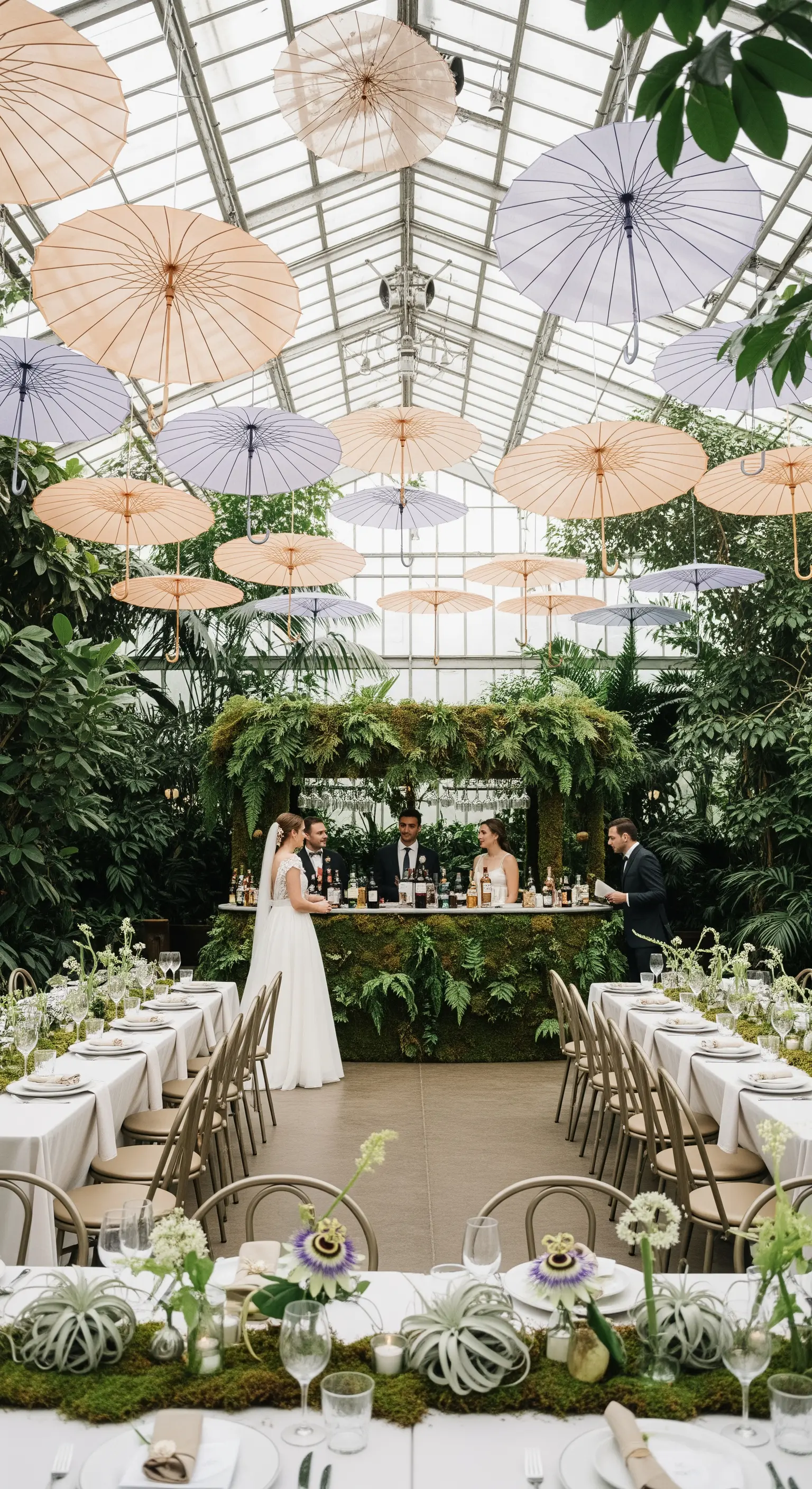 Matrimonio in una serra con ombrelli color pastello appesi al soffitto e bar ricoperto di muschio