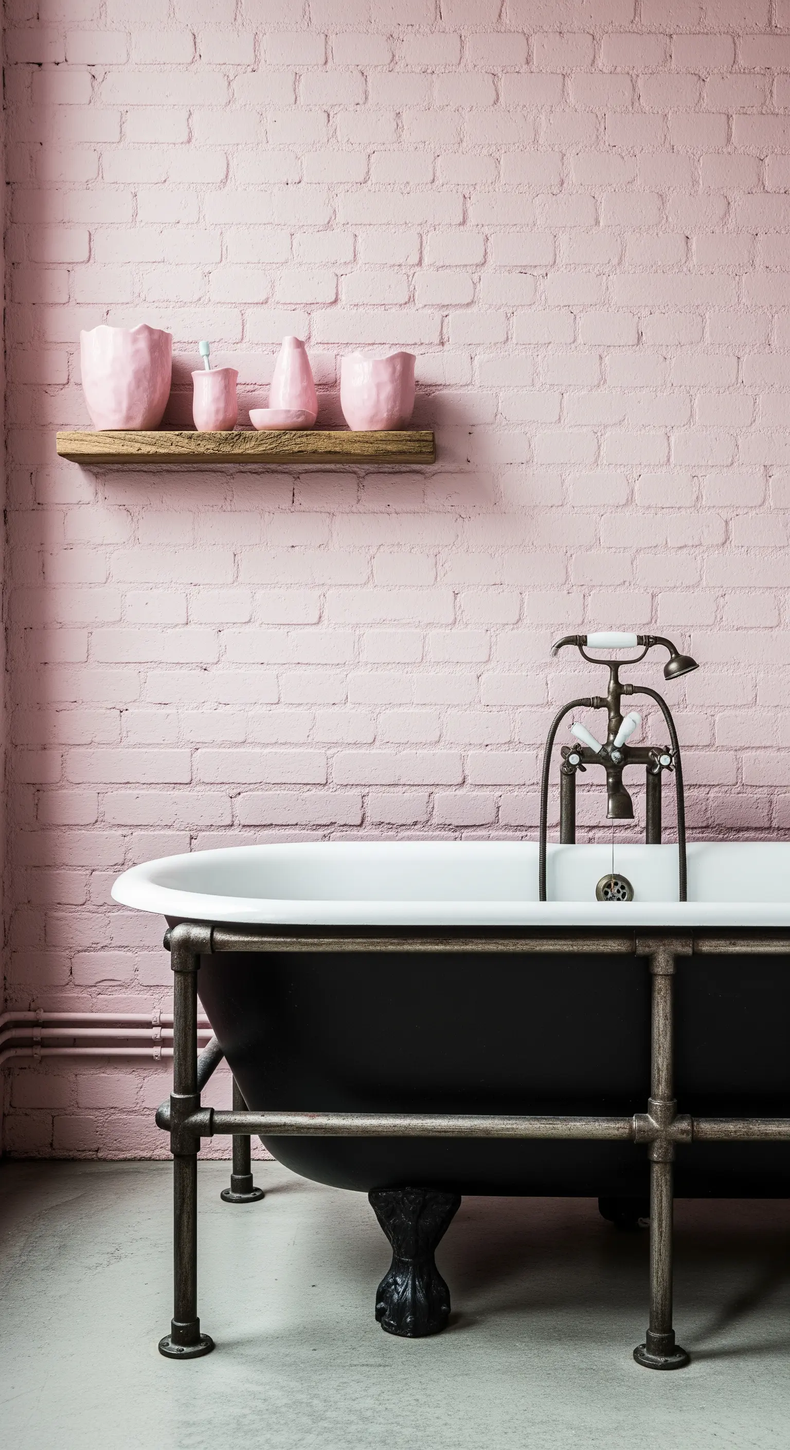 Vasca nera in stile industriale davanti a una parete di mattoni dipinta di rosa.