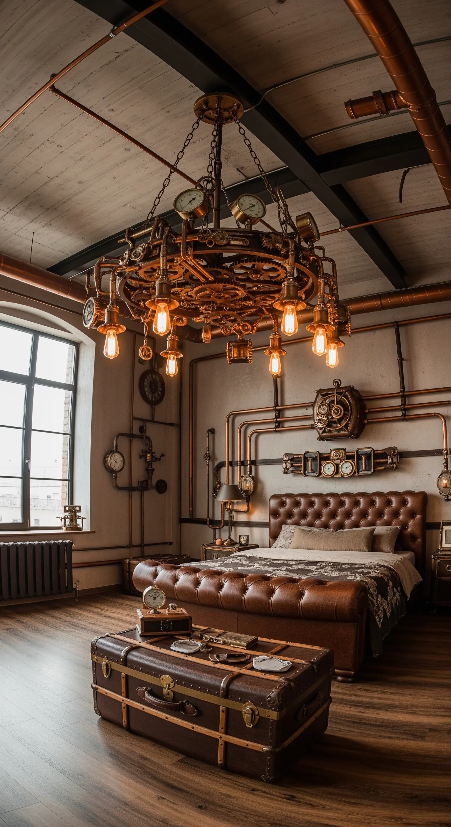 Complesso lampadario in stile Steampunk con ingranaggi e tubi di rame in una camera a tema.