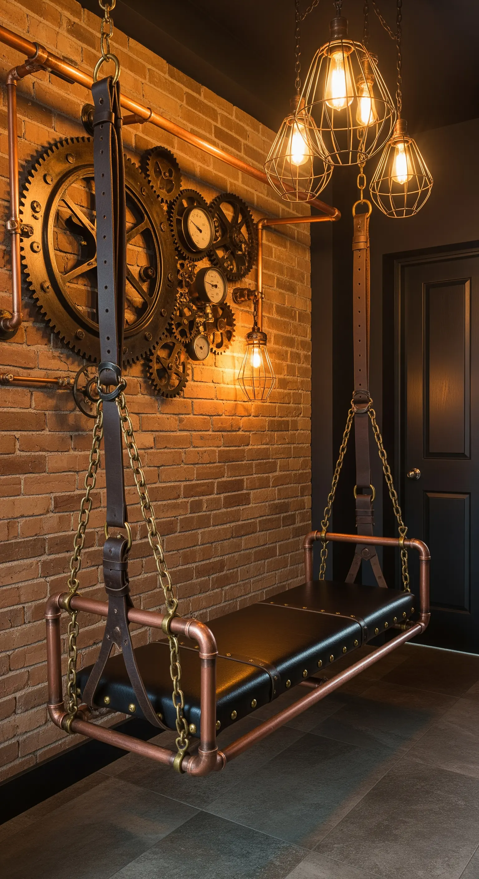 Panca sospesa in stile steampunk con tubi in rame, pelle nera e ingranaggi.