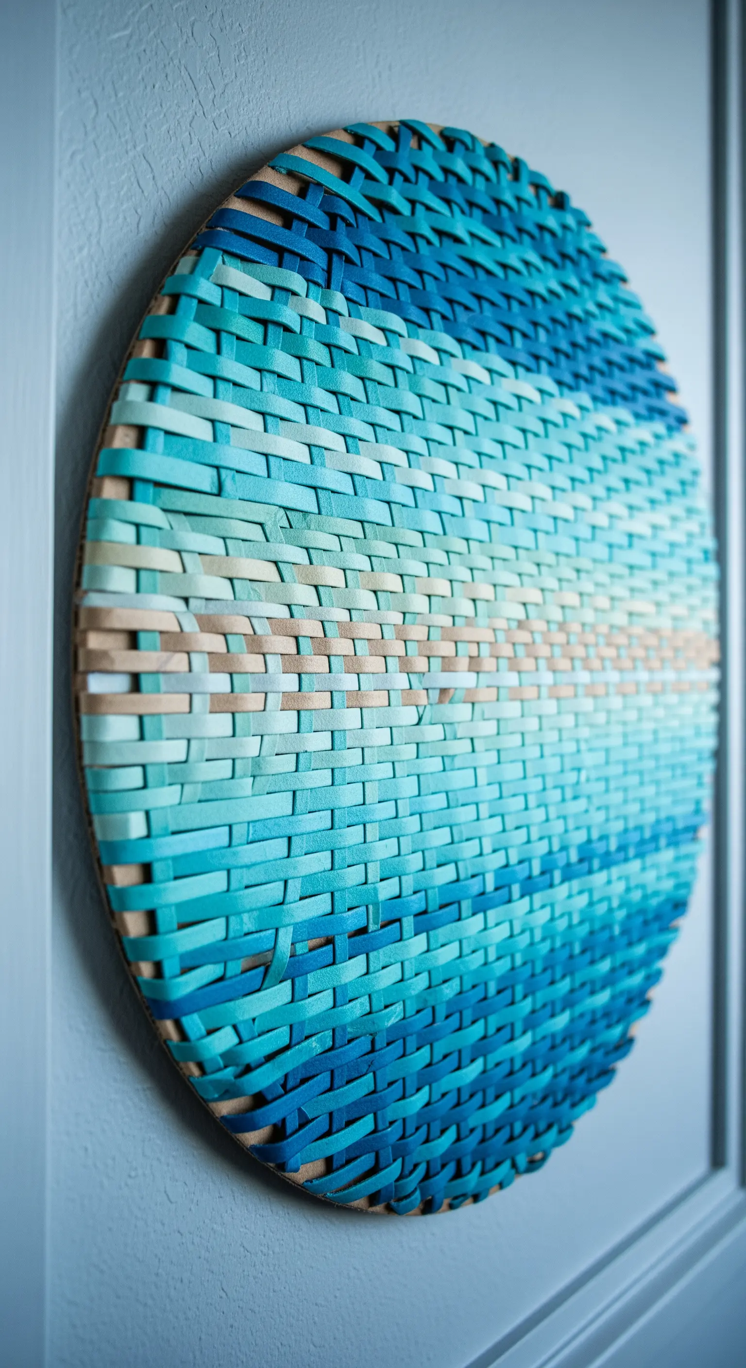 Opera d'arte circolare realizzata intrecciando strisce di carta in diverse tonalità di blu.