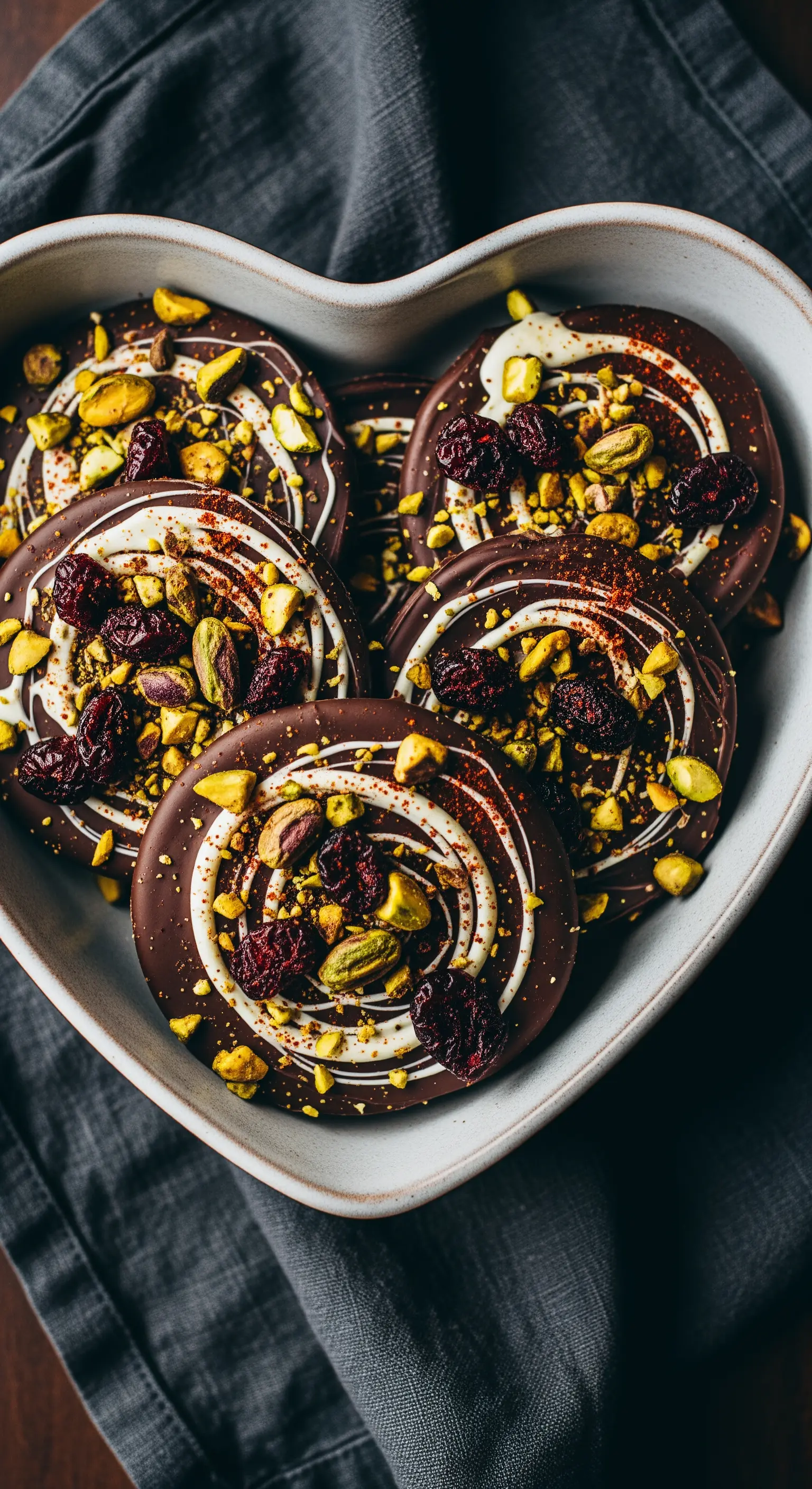 Medaglioni di cioccolato fondente decorati con pistacchi e mirtilli rossi in una ciotola a cuore.