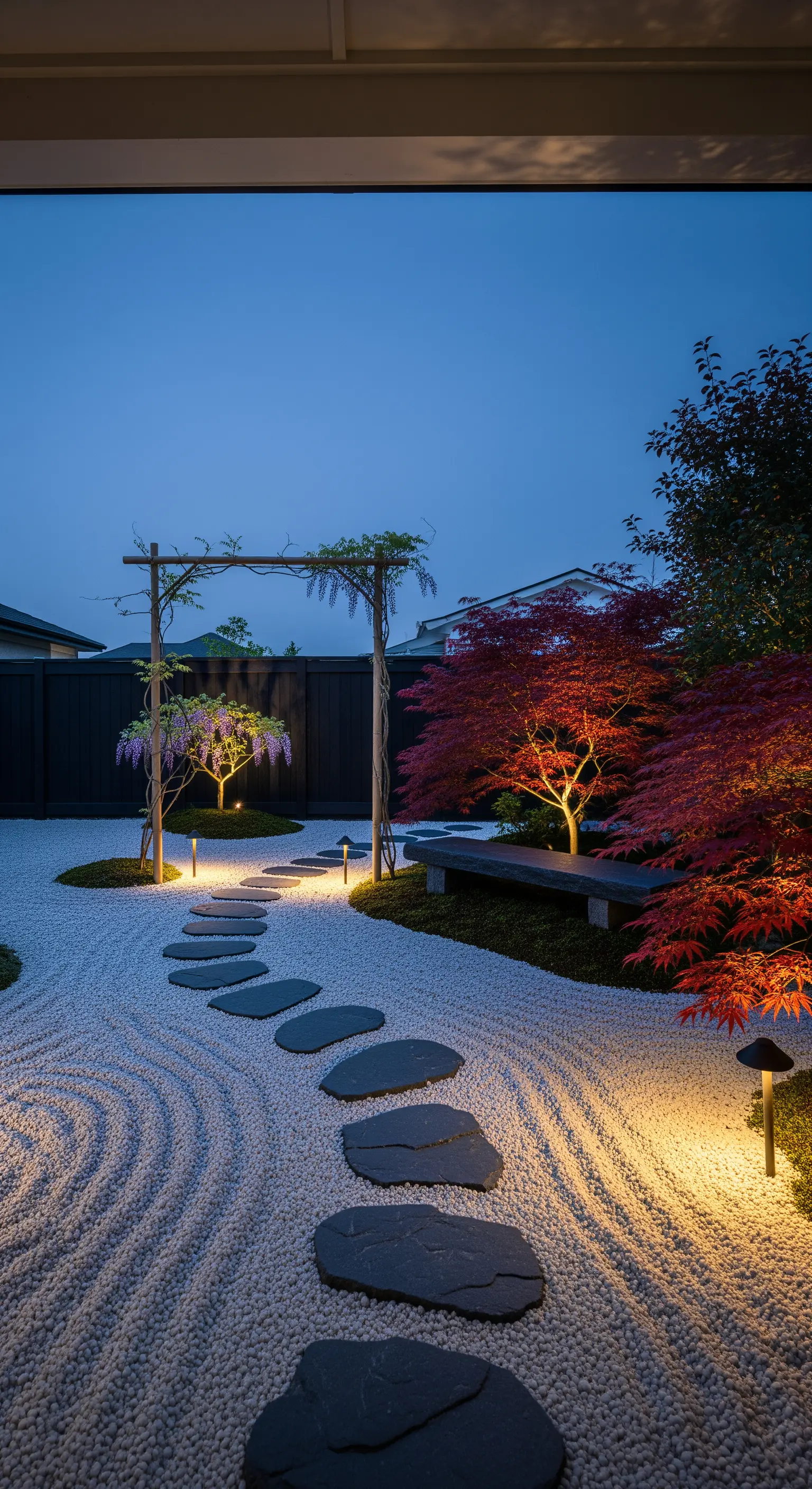 Giardino zen con ghiaia rastrellata, sentiero di pietre e un acero illuminato dal basso.