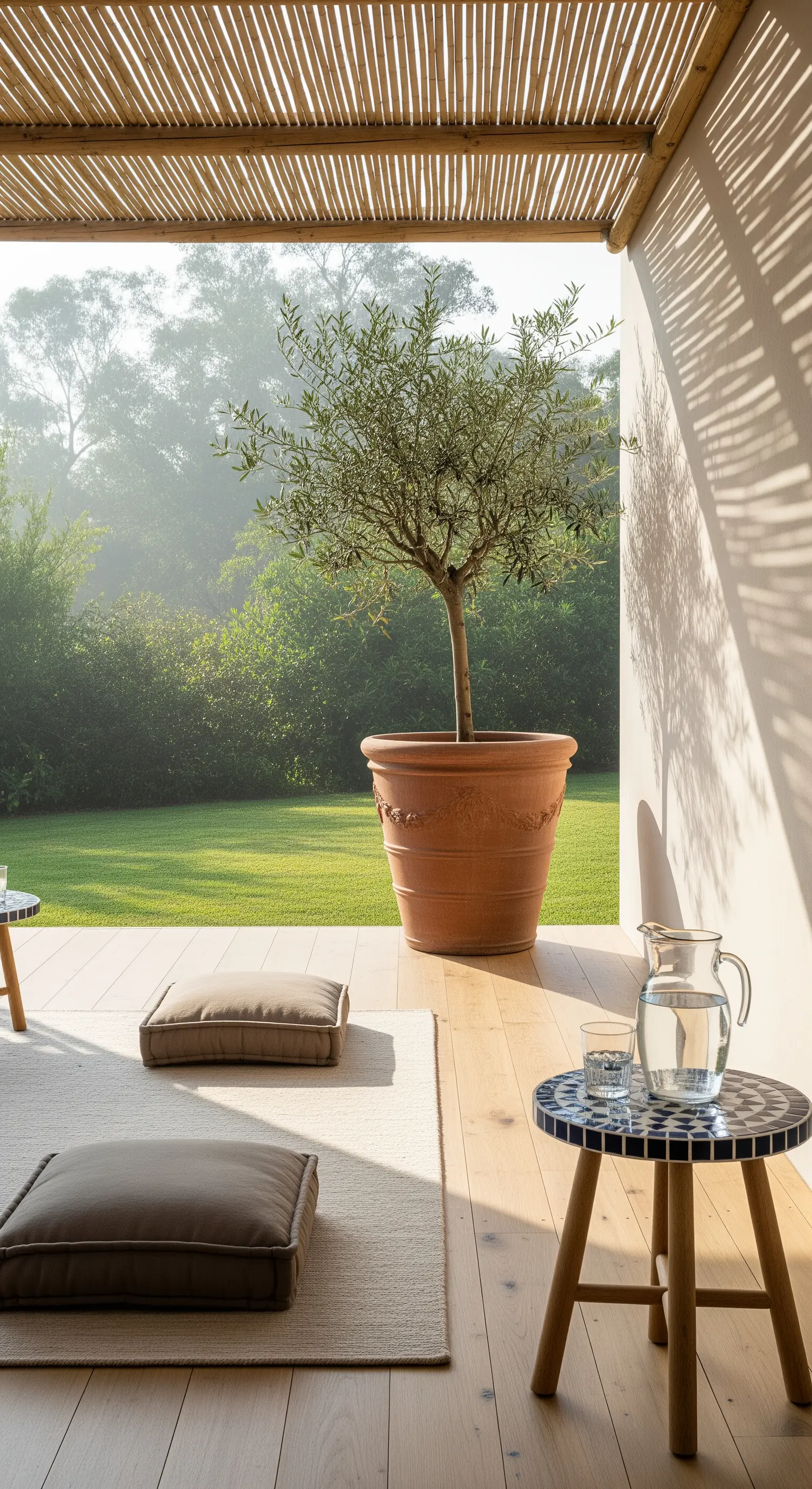Angolo relax con ulivo in vaso, cuscini da terra e tavolino a mosaico.