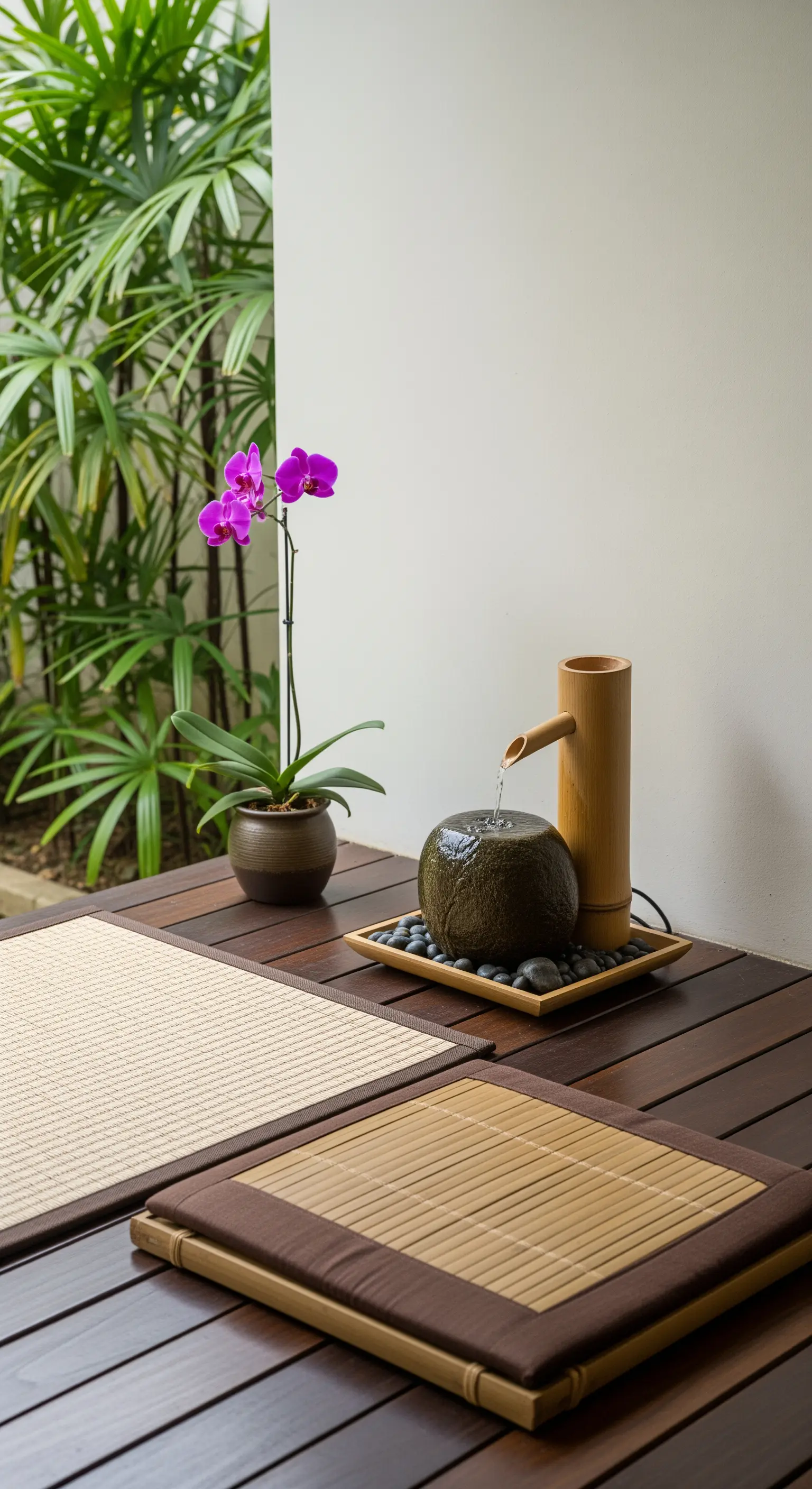 Piccola fontana da tavolo in bambù su un tavolo di legno in stile zen con cuscini da terra.