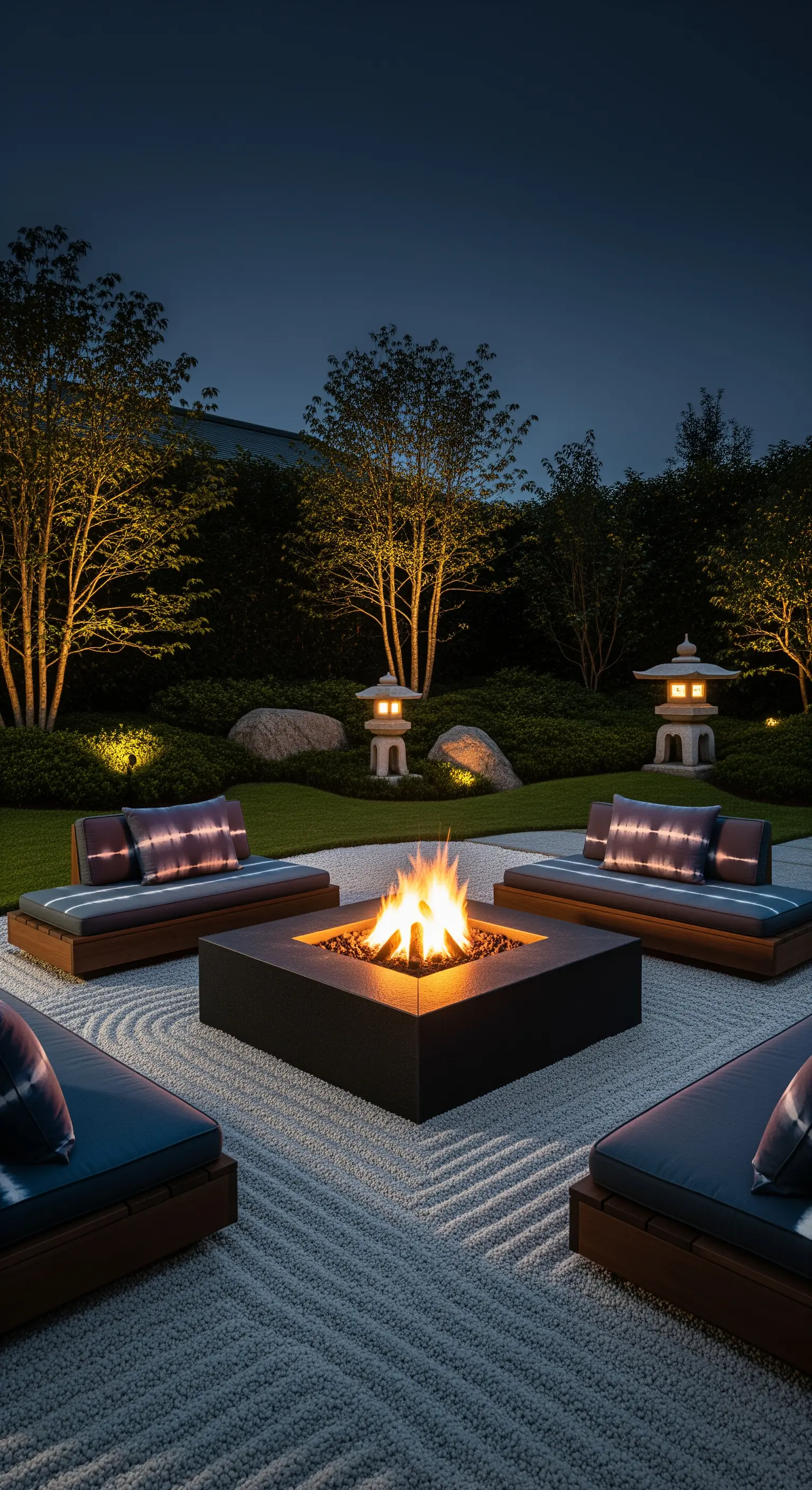 Giardino zen con braciere centrale, sedute basse e lanterne giapponesi in pietra illuminate.
