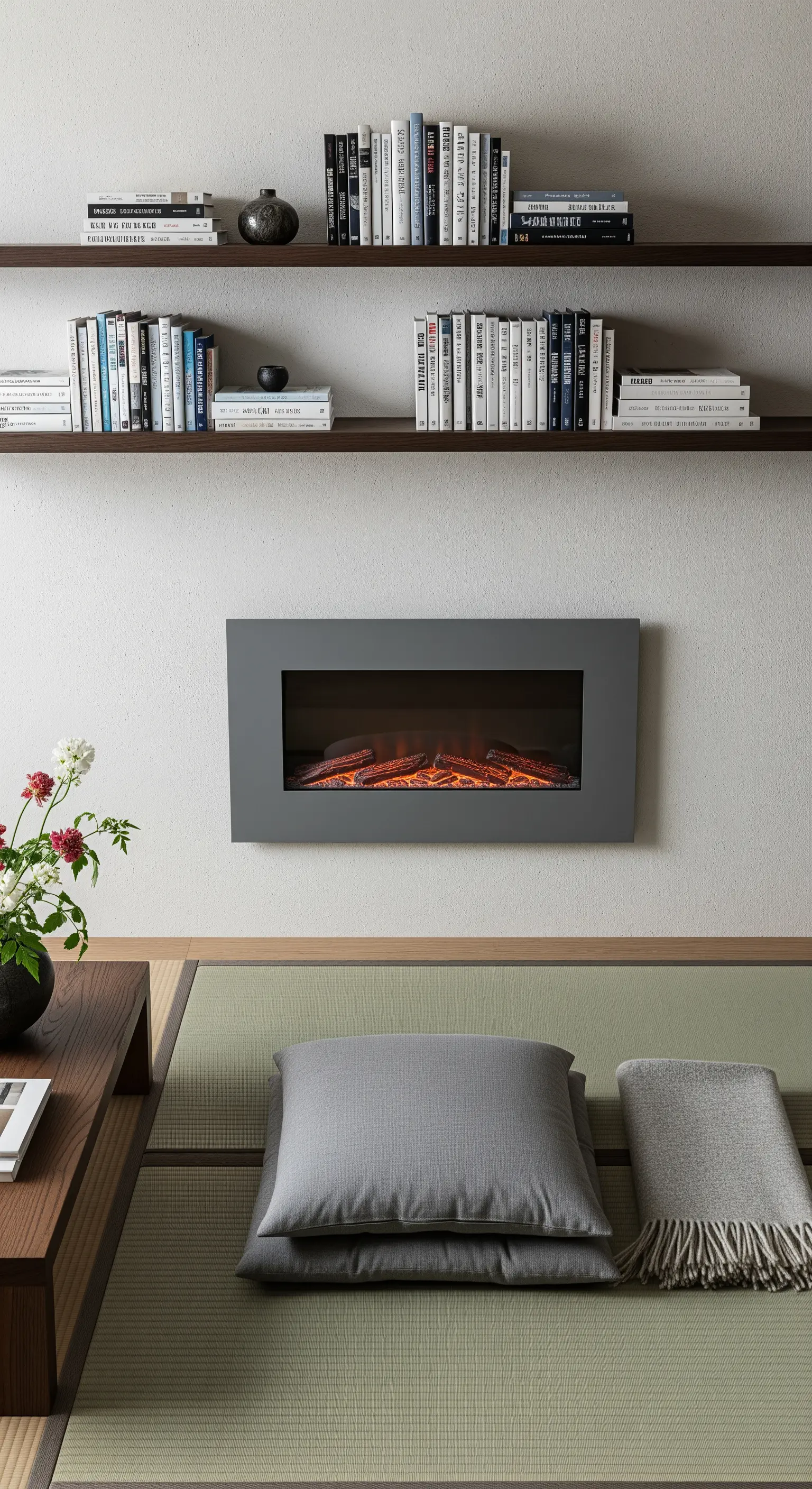 Angolo lettura minimalista in stile giapponese con cuscini da pavimento e tatami.